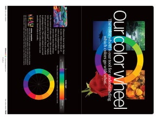 Before&After
|
www.bamagazine.com
1
of
6
Our
color
wheel
0646
0646
Our
color
wheel
Inﬁnity,
simpliﬁed
White
light
contains
all
visible
colors,
which
form
an
inﬁnite
spectrum
that
always
appears
in
the
violet-to-red
sequence
you
see
in
a
rainbow
(right,
top).
To
make
it
practical,
the
color
wheel
represents
this
inﬁnity
with
12
basic
hues
pretty
much
like
those
in
your
ﬁrst
box
of
crayons.
Wherever
there
is
light,
there
is
color.
While
we
think
of
colors
as
independent—this
blue,
that
red—a
color
is
never
seen
alone
but
always
in
the
context
of
other
colors.
Like
a
musical
note,
no
one
color
is
“good”
or
“bad.”
Rather,
it’s
one
part
of
a
composition
that
as
a
whole
is
pleasing
or
not.
The
color
wheel
is
our
tool
for
understanding
how
colors
relate
to
one
another.
Here’s
how
it
works.
Visible
light
Ultraviolet
Infra-red
The
color
wheel
is
the
range
of
visible
light
made
into
a
circle.
Our
color
wheel
The
color
wheel
is
our
tool
for
understanding
which
colors
go
with
what.


 