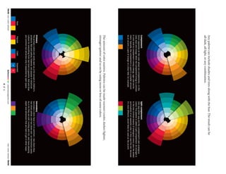 Before&After
|
www.bamagazine.com
4
of
6
Our
color
wheel
0646
0646
Our
color
wheel
Any
palette
can
include
shades
and
tints
along
with
the
hue.
The
result
can
be
all
dark,
all
light,
or
any
combination.
Complement
Direct
opposites
on
the
color
wheel
are
complements—in
this
case,
blue
and
orange.
What
the
complement
brings
is
contrast.
A
color
and
its
complement
convey
energy,
vigor
and
excite-
ment.
Typically,
the
complement
is
used
in
a
smaller
amount
as
an
accent;
a
spot
of
orange
on
a
blue
ﬁeld,
for
example.
Split
complement
One
step
either
way
are
the
complement’s
own
analogous
colors.
This
palette
is
called
a
split
complement.
Its
strength
is
in
the
low-contrast
beauty
of
analogous
colors,
plus
the
added
punctuation
of
an
opposite
color.
In
this
case
the
red,
because
it’s
most
different,
would
likely
be
used
as
the
accent.
The
amount
of
color
matters.
Palettes
can
be
made
warmer/cooler,
darker/lighter,
stronger/quieter
and
so
on
by
using
more
or
less
of
some
colors.
Primary
The
primary
colors
are
rarely
seen
as
a
trio
except
in
children’s
products.
Red
and
yellow,
however,
are
popular
in
American
culture
for
everything
from
fast
food
to
gasoline.
Red
and
blue
are
common
but
attractive
only
if
separated
by
open
space.
Secondary
Secondary
colors
have
a
lot
in
common—two
share
blue,
two
share
yellow,
and
two
share
red—so
harmonize
easily.
As
a
trio
they
are
soft,
inviting
and
rich,
and
have
pleasing
depth
and
dimension
that
are
hard
to
get
in
other
ways.
Rare
Popular
Clash
Separated


 