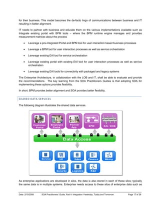 Date: 2/10/2
for their b
resulting i
IT needs
Integrate
measurem
• Le
• Le
• Le
• Le
or
• Le
The Enter
the recom
implemen
In short: B
SHARED 
The follow
As enterp
the same
2008 SOA
business. Thi
n better align
to partner w
existing por
ment matrices
everage a pre
everage a BP
everage exist
everage exis
rchestration
everage exist
rprise Archite
mmendations.
nting these op
BPM provides
DATA SERV
wing diagram
prise applicati
data is in m
A Practitioners’ G
s model beco
nment.
with business
rtal with BPM
s about the pr
e-integrated P
PM tool for us
ting EAI tool f
ting portal w
ting EAI tools
ecture, in coll
. The key le
ptions provide
s better alignm
VICES 
illustrates the
ions are deve
ultiple system
Guide, Part 4: Int
omes the de-
and educate
M tools – w
rocess
Portal and BP
ser interaction
for service orc
ith existing E
s for connectiv
aboration wit
earning from
es flexibility.
ment and SOA
e shared data
eloped in silo
ms. Enterprise
tegration Yesterd
-facto lingo o
e them on the
here the BP
PM tool for use
n processes a
chestration
EAI tool for us
vity with pack
th the LOB a
the SOA Pr
A provides be
a services.
os, the data is
e needs acce
day, Today and T
of communica
e various imp
PM runtime e
er interaction
as well as serv
ser interactio
aged and leg
nd IT, shall b
actitioners G
etter flexibility
s also stored
ess to these
Tomorrow
ations betwee
plementations
engine mana
based busin
vice orchestra
on processes
gacy systems
be able to ev
uides is that
y.
in each of th
silos of enter
Page 1
en business a
s available su
ages and pro
ess processe
ation
as well as s
valuate and p
t adopting SO
hese silos; ty
rprise data su
7 of 26
and IT
uch as
ovides
es
service
provide
OA for
pically
uch as
 
