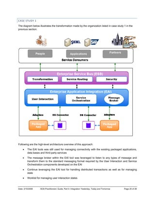 Date: 2/10/2
CASE STU
The diagr
previous s
Following
• T
da
• T
tr
O
• C
st
• W
2008 SOA
UDY 1 
ram below illu
section.
are the high-
he EAI tools
ata bases and
he message
ansform them
Orchestration c
Continue lever
tate
Worklist for ma
A Practitioners’ G
strates the tra
-level architec
was still use
d third party s
broker within
m to the stan
components d
raging the EA
anaging user
Guide, Part 4: Int
ansformation
cture overview
ed for manag
services
n the EAI too
dard messag
developed on
AI tool for ha
interaction st
tegration Yesterd
made by the
w of this appr
ing connectiv
ol was levera
ging format re
n the EAI
andling distrib
tates
day, Today and T
organization
roach:
vity with the e
aged to listen
equired by th
buted transac
Tomorrow
listed in case
existing pack
n to any types
he User Intera
ctions as wel
Page 2
e study 1 in th
kaged applica
s of message
action and Se
ll as for man
20 of 26
he
ations,
e and
ervice
naging
 