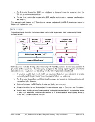 Date: 2/10/2
• T
E
• T
an
This appro
focusing o
CASE STU
The diagr
previous s
As the bu
programs
applicatio
• A
bu
• T
tr
• B
• A
• B
to
ra
 
2008 SOA
he Enterprise
AI tool (prom
he top three
nd security.
oach made it
on the busine
UDY 2: 
ram below illu
section.
siness wante
for the cus
ns) was a ver
A complete p
usiness to rap
he Enterprise
ansactions to
usiness lever
A new universa
enefits were
o learn more
apidly react to
A Practitioners’ G
e Service Bus
otes loose co
reasons for
t easier for IT
ess logic.
strates the tra
ed to develop
stomers. As
ry tedious and
parallel deplo
pidly deploy n
e Service Bus
o the database
raged the BP
al portal was
time-to-mark
about their b
o any compet
Guide, Part 4: Int
s (ESB) was
oupling)
leveraging th
Operations t
ansformation
better relation
s making any
d took a long
yment mode
new services
s would listen
e
M tool to deve
developed w
et of new pro
best customer
itive changes
tegration Yesterd
introduced to
he ESB was f
to manage loa
made by the
nship with the
y changes to
time the follo
el was develo
and program
n to all messa
elop and dep
ith the same
ograms, bette
rs as well as
s.
day, Today and T
o decouple th
for service ro
ad as well the
organization
e end custom
o the existin
owing approac
oped based
s to their end
ages and app
loy new prog
landing page
er customer sa
to target pro
Tomorrow
he service co
outing, messa
e LOB-IT dev
listed in case
er, it decided
ng legacy sys
ch was adopt
on open sta
d customers
ply only the re
rams
for Custome
atisfaction, in
ograms appr
Page 2
onsumers from
age transform
velopment tea
e study 1 in th
to develop a
stems (mainf
ted:
andards to e
elevant (custo
rs and Emplo
ncreased the
ropriately, abi
21 of 26
m the
mation
ams in
he
a lot of
frame
enable
omer)
oyees
ability
ility to
 