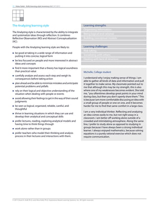 The Analyzing learning style
The Analyzing style is characterized by the ability to integrate
and systematize ideas through reflection. It combines
Reflective Observation (RO) and Abstract Conceptualization
(AC).
People with the Analyzing learning style are likely to:
n be good at taking in a wide range of information and
putting it into concise, logical form
n be less focused on people and more interested in abstract
ideas and concepts
n find it more important that a theory has logical soundness
than practical value
n carefully analyze and assess each step and weigh its
consequences before taking action
n planaheadandbeabletominimizemistakesandanticipate
potential problems and pitfalls
n rely on their logical and objective understanding of the
situation when dealing with people or events
n avoidallowingtheirfeelingstogetinthewayoftheirsound
judgments
n be seen as logical, organized, reliable, careful, and
thoughtful
n thrive in learning situations in which they can use and
develop their analytical and conceptual skills
n prefer lectures, reading, exploring analytical models and
having time to think things through
n work alone rather than in groups
n prefer teachers who model their thinking and analysis
process in their lectures and interactions with them.
Learning strengths
Organizing information
Being logical and rational
Building conceptual models
Learning challenges
Risk taking
Socializing with others
Dealing with lack of structure
Michelle, College student
I understand why I enjoy making sense of things. I am
able to gather all kinds of data and information and pull
it together to make sense. My classmate pointed out to
me that although this may be my strength, this is also
where one of my weaknesses becomes evident. She told
me, “you oftentimes develop great points in your mind
during class, but then you don’t openly share them.” This
isbecauseIammorecomfortablediscussinganideawith
a small group of people or one on one, and it becomes
harder for me to find that same comfort in a large class.
I am a very individual thinker. Reflecting and analyzing
an idea comes easily to me, but not right away in a
classroom. I am better off working alone outside of a
crowded and intimidating atmosphere. Along the same
line, I prefer to study alone as opposed to studying in
groups because I have always been a strong individual
learner. I always enjoyed mathematics, because solving
equations is a purely rational exercise which does not
require communication.
12 Heba Saleh - Kolb learning style inventory 4.0 | 9/7/2015
© 2015 David A. Kolb Ph.D, and Alice Kolb, Ph.D, Experience Based Learning Systems, Inc. All rights reserved
 