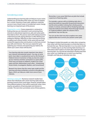 Considering a career
Understandingyourlearningstylecanhelpyouinyourcareer.
Whether you are deciding what career you want to prepare
for in school, choosing a career path, seeking to maximize
success in your chosen career or considering a career change,
learning is an important part of the process.
Preparing for a career. Career preparation is centered on
finding what you are interested in and connecting those
interests to educational experiences, jobs and career paths
that relate to them. This process starts with looking inward to
understand yourself, paying attention to often fleeting and
ambiguous feelings, reflecting on their meaning and acting
to explore each interest further. At the same time you look
outwardforopportunitiesandsituationsinwhichyoucantest
your skills and interests. The more you repeat the cycle,
exploring your interests and expressing your talents, the
clearer your career choice will become.
Your learning style also reveals important clues about
your interests and potential careers. You may, at some
point, have taken a vocational test such as the Strong or
Holland interest inventories to help you become aware
of your interests and their connections to career paths.
These tests are based on Holland’s model of six career
types and their relationship to each other – Enterprising,
Social, Artistic, Investigative, Realistic, and Conventional.
Research has shown that the career type model and the
learningcyclesharesimilarities,asshownintheadjoining
figure, which can help you make more sense of your
interests.
Choosing a career path. Numerous research studies have
shown that individuals with certain learning styles tend to
gravitate toward certain career types. However, people follow
many different patterns. Even within a particular career, there
may be sub-patterns of learning styles and interests to
consider. The next chart summarizes some of these patterns.
Remember, in any career field there are jobs that include
a spectrum of learning styles.
For example, a person with an Initiating style who is
practicingmedicinemaypreferthepersonalinteractions
and the active problem-solving that a family practice
entails. In contrast, someone with an Analyzing style may
enjoythemedicalsciencefield,wherethoroughresearch
on medical problems yields the solutions that a
practitioner may one day use.
You can use the chart not only to explore new career
opportunities but to enrich your present career path.
The biggest mistake that people can make when comparing
their career with their learning style is to think that there is a
formula that says, “My learning style is X, so my career should
be Y.” A better way to use the Learning Style Inventory is to
think about which aspects of certain jobs might best fit your
learning style. You may also be interested in finding ways that
your career can challenge you to stretch your learning
strengths and help you to develop new ones.
CE
AC
AE RO
The
Learning
Cycle
Enterprising Social
Conventional
Realistic Investigative
Artistic
24 Heba Saleh - Kolb learning style inventory 4.0 | 9/7/2015
© 2015 David A. Kolb Ph.D, and Alice Kolb, Ph.D, Experience Based Learning Systems, Inc. All rights reserved
 