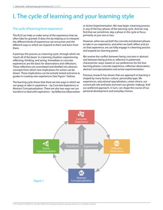 The cycle of learning from experience
The KLSI can help us make sense of the experience that we
often take for granted. It does this by helping us to interpret
the different kinds of experiences we encounter and the
different ways in which we respond to them and learn from
them.
It portrays this process as a learning cycle, through which we
‘touch all of the bases’ in a learning situation: experiencing,
reflecting, thinking, and acting. Immediate or concrete
experiences are the basis for observations and reflections.
These reflections are assimilated and distilled into abstract
concepts from which new implications for action can be
drawn. These implications can be actively tested and serve as
guides in creating new experiences (See Figure 1 below).
The learning cycle shows that there are two ways in which we
can grasp or take in experience – by Concrete Experience or
Abstract Conceptualization. There are also two ways we can
transform or deal with experience – by Reflective Observation
or Active Experimentation. We may begin a learning process
in any of the four phases of the learning cycle. And we may
find that we sometimes skip a phase in the cycle or focus
primarily on just one or two.
However,whenweuseboththeconcreteandabstractphases
to take in our experience, and when we both reflect and act
on that experience, we can fully engage in a learning process
and expand our learning power.
We resolve the conflict between being concrete or abstract
and between being active or reflective in patterned,
characteristic ways, based on our preferences for the four
learning phases: concrete experience, reflective observation,
abstract conceptualization and active experimentation.
Previous research has shown that our approach to learning is
shaped by many factors: culture, personality type, life
experiences, educational specialization, career choice, our
current job role and tasks and even our genetic makeup. And
our preferred approach, in turn, can shape the course of our
personal development and everyday choices.
GraspExperience
Transform Experience
Reflective
Observation
RO
Active
Experimentation
AE
Abstract
Conceptualization
AC
Concrete
Experience
CE
Figure 1
4 Heba Saleh - Kolb learning style inventory 4.0 | 9/7/2015
I. The cycle of learning and your learning style
© 2015 David A. Kolb Ph.D, and Alice Kolb, Ph.D, Experience Based Learning Systems, Inc. All rights reserved
 