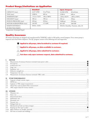 pg. 10
Product Range/Limitations on Application
Quality Assurance
All motors and pumps are designed and manufactured by TEIKOKU under its full quality control program. Every motor-pump is
inspected and tested before shipment. The QC program consists of the following tests and inspections.
Applied to all pumps, data furnished to customer if required.
Applied to all pumps, no data available to customer.
Applied to all pumps, data submitted to customer.
Test done only upon customer request, data submitted to customer.
I. MOTOR
1-1 Measurement of resistance between terminals (main power coils)....................................................................................................
1-2 No load test....................................................................................................................................................................................
1-3 Locked rotor test............................................................................................................................................................................
1-4 Surge test.......................................................................................................................................................................................
1-5 Insulation test................................................................................................................................................................................
1-6 Dielectric strength test....................................................................................................................................................................
1-7 Temperature rise test......................................................................................................................................................................
1-8 Measurement of resistance between terminals (TRG coils).............................................................................................................
II. PUMP PERFORMANCE
2-1 Capacity vs head, current, input.....................................................................................................................................................
2-2 NPSH test......................................................................................................................................................................................
2-3 Capacity vs TRG output measurement...........................................................................................................................................
2-4 Thrust force and circulation flow measurement..............................................................................................................................
2-5 TRG output check for reverse rotation...........................................................................................................................................
III. OTHERS
3-1 Vibration test.................................................................................................................................................................................
3-2 Noise test.......................................................................................................................................................................................
3-3 Dimensional check.........................................................................................................................................................................
3-4 Hydrostatic test..............................................................................................................................................................................
3-5 Pneumatic test................................................................................................................................................................................
3-6 Vacuum test...................................................................................................................................................................................
3-7 Halogen leak test............................................................................................................................................................................
3-8 Mechanical seal leak test (slurry design)..........................................................................................................................................
3-9 Priming test (for type G only)........................................................................................................................................................
3-10 Mill certificate on metallic materials..............................................................................................................................................
3-11 ND tests on metals and weldings...................................................................................................................................................
CAPACITY (max)
TDH (max)
TEMPERATURE*
VISCOSITY (max)
DESIGN PRESSURE (max)
MOTOR HORSEPOWER (max)
MAJOR MATERIALS
OF WETTED PARTS
Standard
4,227 GPM 16 m3/min
2,000 ft. 609 m
-112 to 716°F -80 to 380°C
100 cst 100 cst
430 psi 30 bars
230 HP 175 KW
304SS, 316SS
Upon Request
10,500 GPM 40 m3/min
2,500 ft. 600 m
-328 to 842°F -200 to 450°C
350 cst 350cst
5,000 psi 350 bars
667 HP 500 KW
304LSS, Hastelloy, Titanium, alloy 20
*temperature of pumped liquid
 