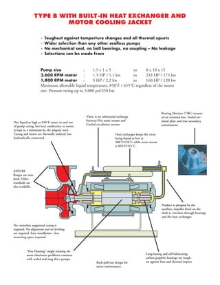 TYPE B WITH BUILT-IN HEAT EXCHANGER AND
MOTOR COOLING JACKET
• Toughest against temperture changes and all thermal upsets
• Wider selection than any other sealless pumps
• No mechanical seal, no ball bearings, no coupling -- No leakage
• Selections can be made from
Pump size : 1.5 x 1 x 5 to 8 x 10 x 15
3,600 RPM motor : 1.5 HP / 1.1 kw to 233 HP / 175 kw
1,800 RPM motor : 3 HP / 2.2 kw to 160 HP / 120 kw
Maximum allowable liquid temperature, 850˚F / 455˚C regardless of the motor
size. Pressure rating up to 5,000 psi/350 bar.
Hot liquid as high as 850˚F comes in and out
of pump casing, but heat conduction to motor
is kept to a minimum by the adaptor neck -
Casing and motor are thermally isolated, but
hydraulically connected.
There is no substantial exchange
between Hot main stream and
Cooled circulation stream.
Heat exchanger keeps the circu-
lating liquid as low as
300˚F/150˚C while main stream
is 850˚F/455˚C.
Bearing Monitor (TRG) mount-
ed on terminal box. Sealed ter-
minal plate and true secondary
containment.
Product is pumped by the
auxiliary impeller fixed on the
shaft to circulate through bearings
and the heat exchanger.
ANSI RF
flanges are stan-
dard. Other
standards are
also available.
No centerline supported casing is
required. No alignment and no leveling
are required. Easy installation - less
mounting space required.
“Free Floating” single rotating ele-
ment eliminates problems common
with sealed and mag drive pumps.
Back-pull-out design for
easier maintenance.
Long lasting and self-lubricating
carbon graphite bearings are tough-
est against heat and thermal impact.
 