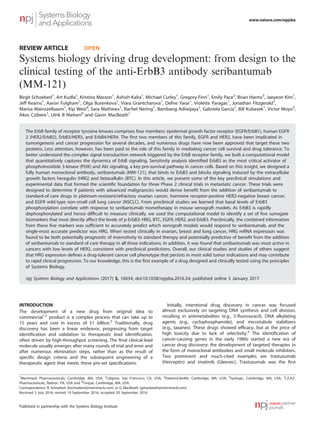 REVIEW ARTICLE OPEN
Systems biology driving drug development: from design to the
clinical testing of the anti-ErbB3 antibody seribantumab
(MM-121)
Birgit Schoeberl1
, Art Kudla1
, Kristina Masson1
, Ashish Kalra1
, Michael Curley1
, Gregory Finn1
, Emily Pace2
, Brian Harms3
, Jaeyeon Kim1
,
Jeff Kearns1
, Aaron Fulgham1
, Olga Burenkova1
, Viara Grantcharova1
, Defne Yarar1
, Violette Paragas1
, Jonathan Fitzgerald1
,
Marisa Wainszelbaum1
, Kip West4
, Sara Mathews1
, Rachel Nering1
, Bambang Adiwijaya1
, Gabriela Garcia1
, Bill Kubasek1
, Victor Moyo5
,
Akos Czibere1
, Ulrik B Nielsen6
and Gavin MacBeath1
The ErbB family of receptor tyrosine kinases comprises four members: epidermal growth factor receptor (EGFR/ErbB1), human EGFR
2 (HER2/ErbB2), ErbB3/HER3, and ErbB4/HER4. The ﬁrst two members of this family, EGFR and HER2, have been implicated in
tumorigenesis and cancer progression for several decades, and numerous drugs have now been approved that target these two
proteins. Less attention, however, has been paid to the role of this family in mediating cancer cell survival and drug tolerance. To
better understand the complex signal transduction network triggered by the ErbB receptor family, we built a computational model
that quantitatively captures the dynamics of ErbB signaling. Sensitivity analysis identiﬁed ErbB3 as the most critical activator of
phosphoinositide 3-kinase (PI3K) and Akt signaling, a key pro-survival pathway in cancer cells. Based on this insight, we designed a
fully human monoclonal antibody, seribantumab (MM-121), that binds to ErbB3 and blocks signaling induced by the extracellular
growth factors heregulin (HRG) and betacellulin (BTC). In this article, we present some of the key preclinical simulations and
experimental data that formed the scientiﬁc foundation for three Phase 2 clinical trials in metastatic cancer. These trials were
designed to determine if patients with advanced malignancies would derive beneﬁt from the addition of seribantumab to
standard-of-care drugs in platinum-resistant/refractory ovarian cancer, hormone receptor-positive HER2-negative breast cancer,
and EGFR wild-type non-small cell lung cancer (NSCLC). From preclinical studies we learned that basal levels of ErbB3
phosphorylation correlate with response to seribantumab monotherapy in mouse xenograft models. As ErbB3 is rapidly
dephosphorylated and hence difﬁcult to measure clinically, we used the computational model to identify a set of ﬁve surrogate
biomarkers that most directly affect the levels of p-ErbB3: HRG, BTC, EGFR, HER2, and ErbB3. Preclinically, the combined information
from these ﬁve markers was sufﬁcient to accurately predict which xenograft models would respond to seribantumab, and the
single-most accurate predictor was HRG. When tested clinically in ovarian, breast and lung cancer, HRG mRNA expression was
found to be both potentially prognostic of insensitivity to standard therapy and potentially predictive of beneﬁt from the addition
of seribantumab to standard of care therapy in all three indications. In addition, it was found that seribantumab was most active in
cancers with low levels of HER2, consistent with preclinical predictions. Overall, our clinical studies and studies of others suggest
that HRG expression deﬁnes a drug-tolerant cancer cell phenotype that persists in most solid tumor indications and may contribute
to rapid clinical progression. To our knowledge, this is the ﬁrst example of a drug designed and clinically tested using the principles
of Systems Biology.
npj Systems Biology and Applications (2017) 3, 16034; doi:10.1038/npjsba.2016.34; published online 5 January 2017
INTRODUCTION
The development of a new drug from original idea to
commercial1,2
product is a complex process that can take up to
15 years and cost in excess of $1 billion.3
Traditionally, drug
discovery has been a linear endeavor, progressing from target
identiﬁcation and validation to therapeutic lead identiﬁcation,
often driven by high-throughput screening. The ﬁnal clinical lead
molecule usually emerges after many rounds of trial and error and
after numerous elimination steps, rather than as the result of
speciﬁc design criteria and the subsequent engineering of a
therapeutic agent that meets these pre-set speciﬁcations.
Initially, intentional drug discovery in cancer was focused
almost exclusively on targeting DNA synthesis and cell division,
resulting in antimetabolites (e.g., 5-ﬂuorouracil), DNA alkylating
agents (e.g., cyclophosphamide), and microtubule stabilizers
(e.g., taxanes). These drugs showed efﬁcacy, but at the price of
high toxicity due to lack of selectivity.4
The identiﬁcation of
cancer-causing genes in the early 1980s started a new era of
cancer drug discovery: the development of targeted therapies in
the form of monoclonal antibodies and small molecule inhibitors.
Two prominent and much-cited examples are trastuzumab
(Herceptin) and imatinib (Gleevec). Trastuzumab was the ﬁrst
1
Merrimack Pharmaceuticals, Cambridge, MA, USA; 2
Celgene, San Francisco, CA, USA; 3
PatientsLikeMe, Cambridge, MA, USA; 4
Synlogic, Cambridge, MA, USA; 5
L.E.A.F.
Pharmaceuticals, Radnor, PA, USA and 6
Torque, Cambridge, MA, USA.
Correspondence: B Schoeberl (bschoeberl@merrimack.com) or G MacBeath (gmacbeath@merrimack.com)
Received 5 July 2016; revised 19 September 2016; accepted 20 September 2016
www.nature.com/npjsba
Published in partnership with the Systems Biology Institute
 