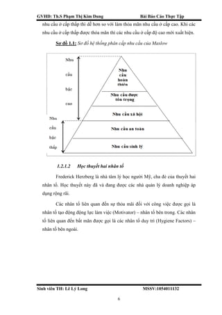GVHD: Th.S Phạm Thị Kim Dung Bài Báo Cáo Thực Tập
Sinh viên TH: Lê Lý Long MSSV:1054011132
6
nhu cầu ở cấp thấp thì dễ hơn so với làm thỏa mãn nhu cầu ở cấp cao. Khi các
nhu cầu ở cấp thấp được thỏa mãn thì các nhu cầu ở cấp độ cao mới xuất hiện.
Sơ đồ 1.1: Sơ đồ hệ thống phân cấp nhu cầu của Maslow
1.2.1.2 Học thuyết hai nhân tố
Frederick Herzberg là nhà tâm lý học người Mỹ, cha đẻ của thuyết hai
nhân tố. Học thuyết này đã và đang được các nhà quản lý doanh nghiệp áp
dụng rộng rãi.
Các nhân tố liên quan đến sự thỏa mãi đối với công việc được gọi là
nhân tố tạo động động lực làm việc (Motivator) – nhân tố bên trong. Các nhân
tố liên quan đến bất mãn được gọi là các nhân tố duy trì (Hygiene Factors) –
nhân tố bên ngoài.
 