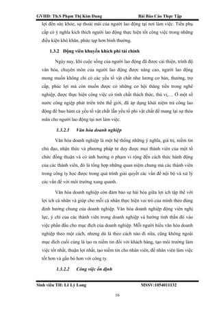 GVHD: Th.S Phạm Thị Kim Dung Bài Báo Cáo Thực Tập
Sinh viên TH: Lê Lý Long MSSV:1054011132
16
lợi đến sức khỏe, sự thoải mái của người lao động tại nơi làm việc. Tiền phụ
cấp có ý nghĩa kích thích người lao động thực hiện tốt công việc trong những
điều kiện khó khăn, phức tạp hơn bình thường.
1.3.2 Động viên khuyến khích phi tài chính
Ngày nay, khi cuộc sống của người lao động đã được cải thiện, trình độ
văn hóa, chuyên môn của người lao động được nâng cao, người lao động
mong muốn không chỉ có các yếu tố vật chất như lương cơ bản, thưởng, trợ
cấp, phúc lợi mà còn muốn được có những cơ hội thăng tiến trong nghê
nghiệp, được thực hiện công việc có tính chất thách thức, thú vị,… Ở một số
nước công ngiệp phát triển trên thế giới, đã áp dụng khái niệm trả công lao
động để bao hàm cả yếu tố vật chất lẫn yếu tố phi vật chất để mang lại sự thỏa
mãn cho người lao động tại nơi làm việc.
1.3.2.1 Văn hóa doanh nghiệp
Văn hóa doanh nghiệp là một hệ thống những ý nghĩa, giá trị, niềm tin
chủ đạo, nhận thức và phương pháp tư duy được mọi thành viên của một tổ
chức đồng thuận và có ảnh hưởng ở phạm vi rộng đến cách thức hành động
của các thành viên, đó là tổng hợp những quan niệm chung mà các thành viên
trong công ty học được trong quá trình giải quyết các vấn đề nội bộ và xử lý
các vấn đề với môi trường xung quanh.
Văn hóa doanh nghiệp còn đảm bảo sự hài hòa giữa lợi ích tập thể với
lợi ích cá nhân và giúp cho mỗi cá nhân thực hiện vai trò của mình theo đúng
định hướng chung của doanh nghiệp. Văn hóa doanh nghiệp động viên nghị
lực, ý chí của các thành viên trong doanh nghiệp và hướng tinh thần đó vào
việc phấn đấu cho mục đích của doanh nghiệp. Mỗi người hiểu văn hóa doanh
nghiệp theo một cách, nhưng dù là theo cách nào đi nữa, cũng không ngoài
mục đích cuối cùng là tạo ra niềm tin đối với khách hàng, tạo môi trường làm
việc tốt nhất, thuận lợi nhất, tạo niềm tin cho nhân viên, để nhân viên làm việc
tốt hơn và gắn bó hơn với công ty.
1.3.2.2 Công việc ổn định
 