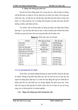 GVHD: Th.S Phạm Thị Kim Dung Bài Báo Cáo Thực Tập
Sinh viên TH: Lê Lý Long MSSV:1054011132
46
 Động viên thông qua phúc lợi
Sau khi tìm hiểu những phúc lợi ở trung tâm em thấy tại đây có những
chế độ thể hiện sự chăm lo rất tốt, đảm bảo sức khỏe cho nhân viên trong quá
trình làm việc, với đầy đủ các chế độ theo luật định như bảo hiểm xã hội, bảo
hiểm y tế. Bên cạnh đó còn có những chế độ phúc lợi khác như phụ cấp bồi
dưỡng ca đêm, sinh nhật cưới hỏi…
Tuy nhiên, một số khoản phúc lợi đang áp dụng còn thấp hoặc không
phù hợp vì vậy nên thay đổi một số mức và đưa ra thêm một số hình thức khác
thể hiện sự quan tâm hơn nữa của trung tâm đến cán bộ nhân viên.
Bảng 3.2: Hình thức phúc lợi đề nghị
Chế độ Mức đang áp dụng Mức đề nghị
Sinh nhật Chưa có 300.000 đồng
Cưới hỏi 500.000 đồng 1.000.000 đồng
Đau ốm, khó khăn Chưa có 500.000 đồng
Ngày quốc tế phụ nữ 200.000 đồng 400.000 đồng
Ngày phụ nữ Việt Nam Chưa có 200.000 đồng
Con cán bộ công nhân
viên đạt loại giỏi:
Cấp I
Cấp II
Cấp III
Đại học
Chưa có
Chưa có
Chưa có
Chưa có
200.000 đồng
250.000 đồng
300.000 đồng
400.000 đồng
3.4 Các giải pháp phi tài chính.
Trước đây, các doanh nghiệp thường chỉ quan tâm đến công tác đãi ngộ
tài chính. Nhưng trong điều kiện hiện này, khi mà nhu cầu ăn no mặc ấm của
người lao động được đáp ứng về cơ bản thì hoạt động đãi ngộ tài chính đã trở
thành một đòi hỏi cấp thiết mà các doanh nghiệp cần phải quan tâm. Thực
hiện tốt công tác đãi ngộ phi tài chính, nhân viên sẽ có được sự say mê trong
công việc và thêm gắn bó với doanh nghiệp.
3.4.1 Động viên thông qua môi trường làm việc.
 