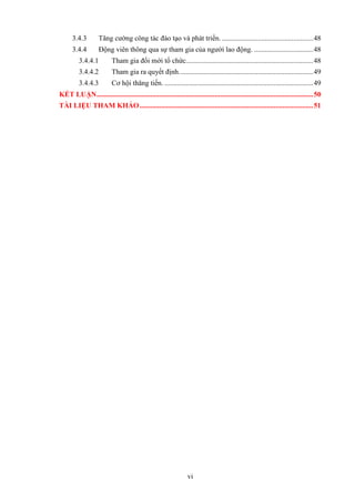 vi
3.4.3 Tăng cường công tác đào tạo và phát triển. ...................................................48
3.4.4 Động viên thông qua sự tham gia của người lao động. .................................48
3.4.4.1 Tham gia đổi mới tổ chức.......................................................................48
3.4.4.2 Tham gia ra quyết định...........................................................................49
3.4.4.3 Cơ hội thăng tiến. ...................................................................................49
KẾT LUẬN.........................................................................................................................50
TÀI LIỆU THAM KHẢO.................................................................................................51
 