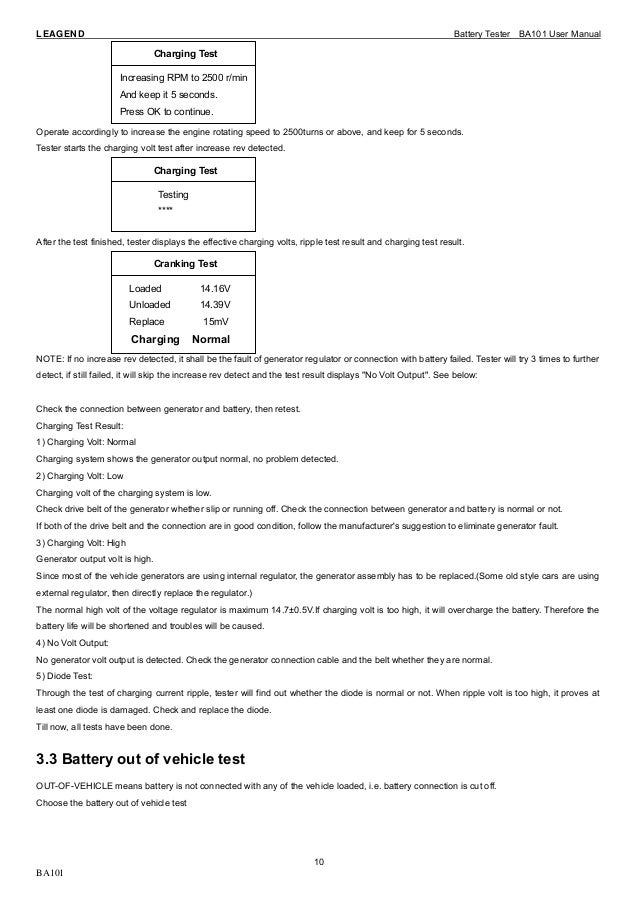 BA101 vehicle battery tester user manual