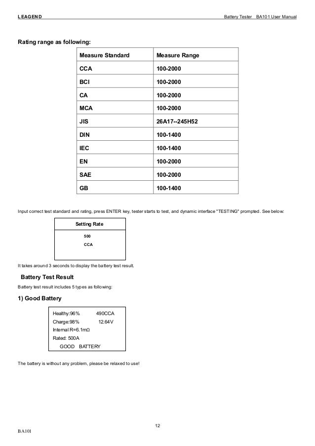 BA101 vehicle battery tester user manual