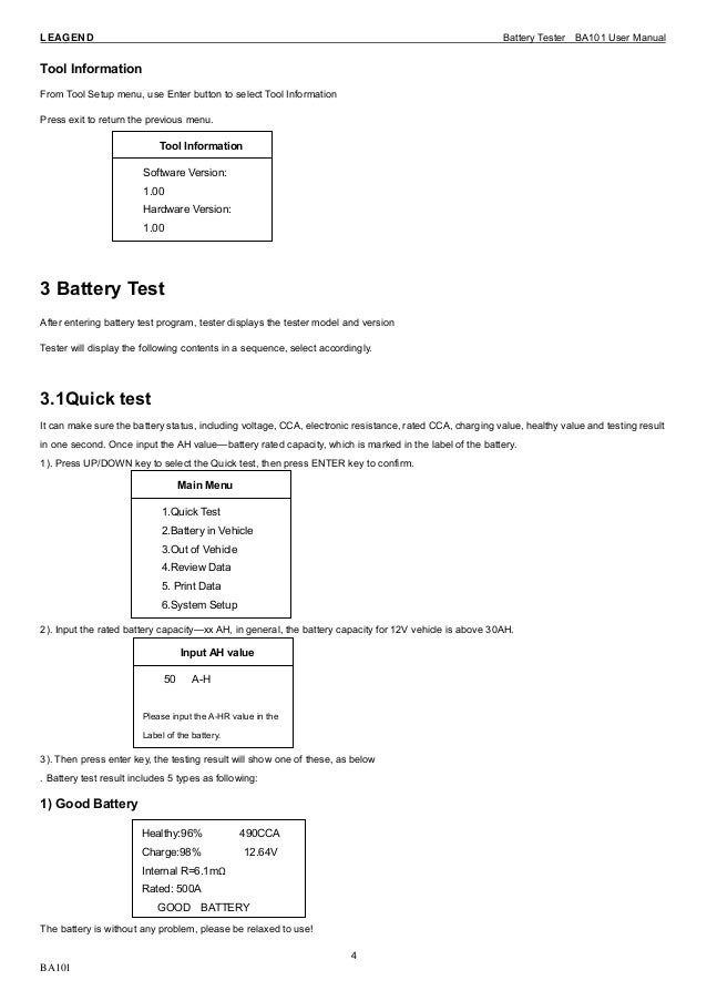 BA101 vehicle battery tester user manual