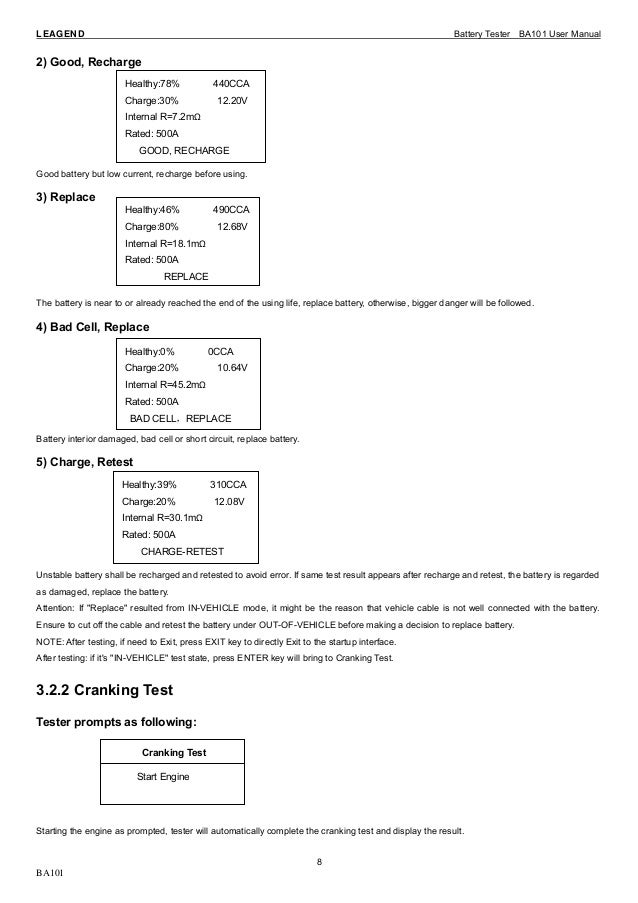 BA101 vehicle battery tester user manual