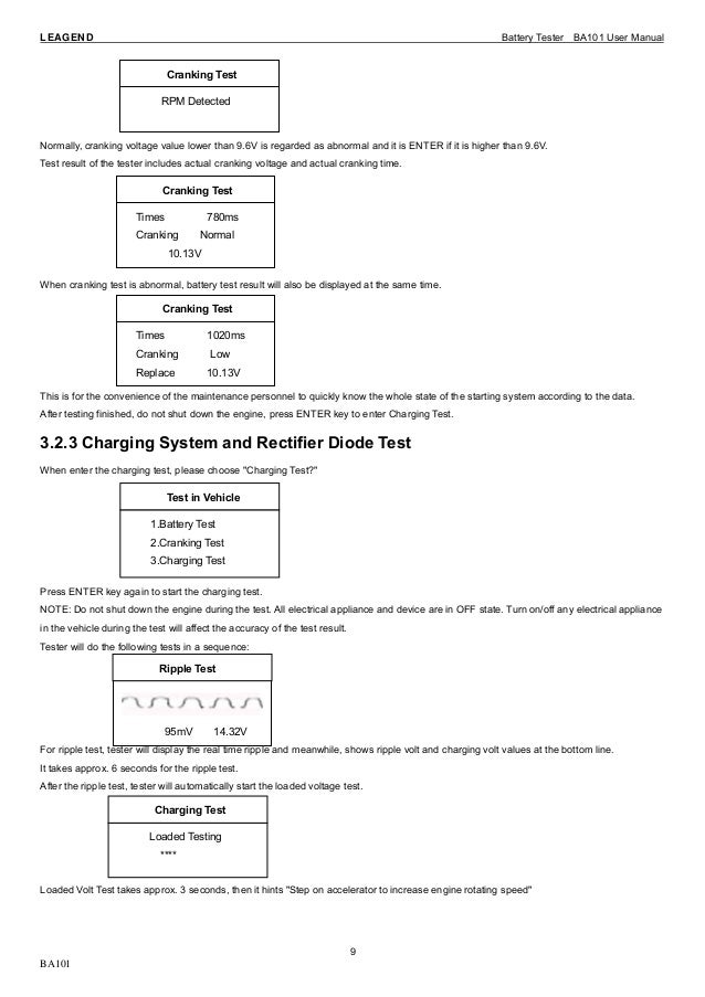 BA101 vehicle battery tester user manual