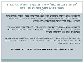 "‫ננצח‬ ‫זה‬ ‫ועם‬ ‫יש‬ ‫מה‬ ‫זה‬"–‫זהות‬‫מקצועית‬‫ארגונית‬ ‫וזהות‬‫בקרב‬
‫מנהלי‬‫בסטארט‬ ‫אנוש‬ ‫משאבי‬‫אפ‬-‫רקע‬
‫כניסה‬ ‫רף‬ ‫מקיים‬ ‫האנוש‬ ‫משאבי‬ ‫תחום‬‫גמיש‬.‫בעינה‬ ‫נותרה‬ ‫מטרתו‬ ‫השנים‬ ‫לאורך‬–‫ושיפור‬ ‫התפוקות‬ ‫הגברת‬
‫ביצועים‬‫ארגוניים‬,‫מרכזיים‬ ‫נושאים‬ ‫במספר‬ ‫התמקדות‬ ‫תוך‬ ‫לרוב‬–(1)‫והשמה‬ ‫גיוס‬(2)‫המשאב‬ ‫פיתוח‬
‫האנושי‬(3)‫תגמול‬,‫תמרוץ‬‫ואכיפה‬(4)‫עבודה‬ ‫חוקי‬,‫ובטיחות‬ ‫גיהות‬
‫תחום‬‫מקצועיים‬ ‫פעולה‬ ‫כללי‬ ‫עם‬ ‫פרופסיה‬ ‫התהוות‬ ‫לכדי‬ ‫עד‬ ‫השנים‬ ‫לאורך‬ ‫התפתח‬ ‫האנוש‬ ‫משאבי‬,‫הכשרות‬
‫מקובלים‬ ‫התנהגות‬ ‫וכללי‬.‫האנוש‬ ‫משאבי‬ ‫מנהלי‬ ‫פועלים‬ ‫שמתוכה‬ ‫קונספטואלית‬ ‫מסגרת‬ ‫מהווים‬ ‫אלו‬ ‫אלמנטים‬,
‫זהות‬ ‫לגיבוש‬ ‫בסיס‬ ‫עבורם‬ ‫מהווים‬ ‫ואשר‬‫מקצועית‬
‫התעסוקתית‬ ‫במציאות‬ ‫יישומה‬ ‫בהקשר‬ ‫נחקרה‬ ‫לא‬ ‫זו‬ ‫מקצועית‬ ‫זהות‬.‫של‬ ‫משתנה‬ ‫סביבה‬ ‫בתוך‬ ‫מתקיימת‬ ‫הזהות‬
‫ארגונים‬,‫מנהלים‬,‫בקנה‬ ‫עולה‬ ‫תמיד‬ ‫לא‬ ‫אשר‬ ‫וציפיות‬ ‫דרישות‬ ‫מערך‬ ‫המקיימים‬ ‫אחרים‬ ‫חיצונים‬ ‫וכוחות‬ ‫עובדים‬
‫הפרופסיואנלי‬ ‫האידאל‬ ‫עם‬ ‫אחד‬.
‫עבודה‬‫זו‬‫הזהות‬ ‫את‬ ‫בוחנת‬‫מסוימת‬ ‫ארגונית‬ ‫בסביבה‬ ‫המקצועית‬–‫סטארט‬ ‫חברות‬‫אפ‬
 