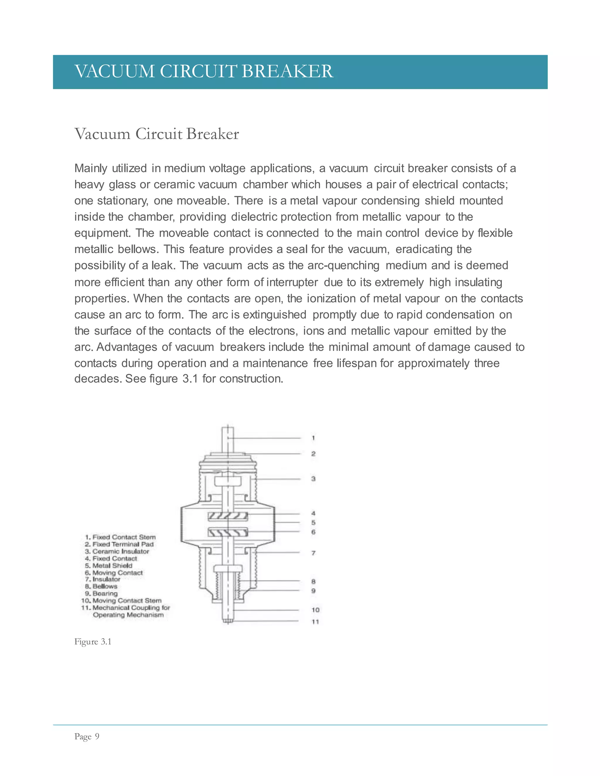 VACUUM CIRCUIT BREAKER
Page 9
Vacuum Circuit Breaker
Mainly utilized in medium voltage applications, a vacuum circuit breaker consists of a
heavy glass or ceramic vacuum chamber which houses a pair of electrical contacts;
one stationary, one moveable. There is a metal vapour condensing shield mounted
inside the chamber, providing dielectric protection from metallic vapour to the
equipment. The moveable contact is connected to the main control device by flexible
metallic bellows. This feature provides a seal for the vacuum, eradicating the
possibility of a leak. The vacuum acts as the arc-quenching medium and is deemed
more efficient than any other form of interrupter due to its extremely high insulating
properties. When the contacts are open, the ionization of metal vapour on the contacts
cause an arc to form. The arc is extinguished promptly due to rapid condensation on
the surface of the contacts of the electrons, ions and metallic vapour emitted by the
arc. Advantages of vacuum breakers include the minimal amount of damage caused to
contacts during operation and a maintenance free lifespan for approximately three
decades. See figure 3.1 for construction.
Figure 3.1
 