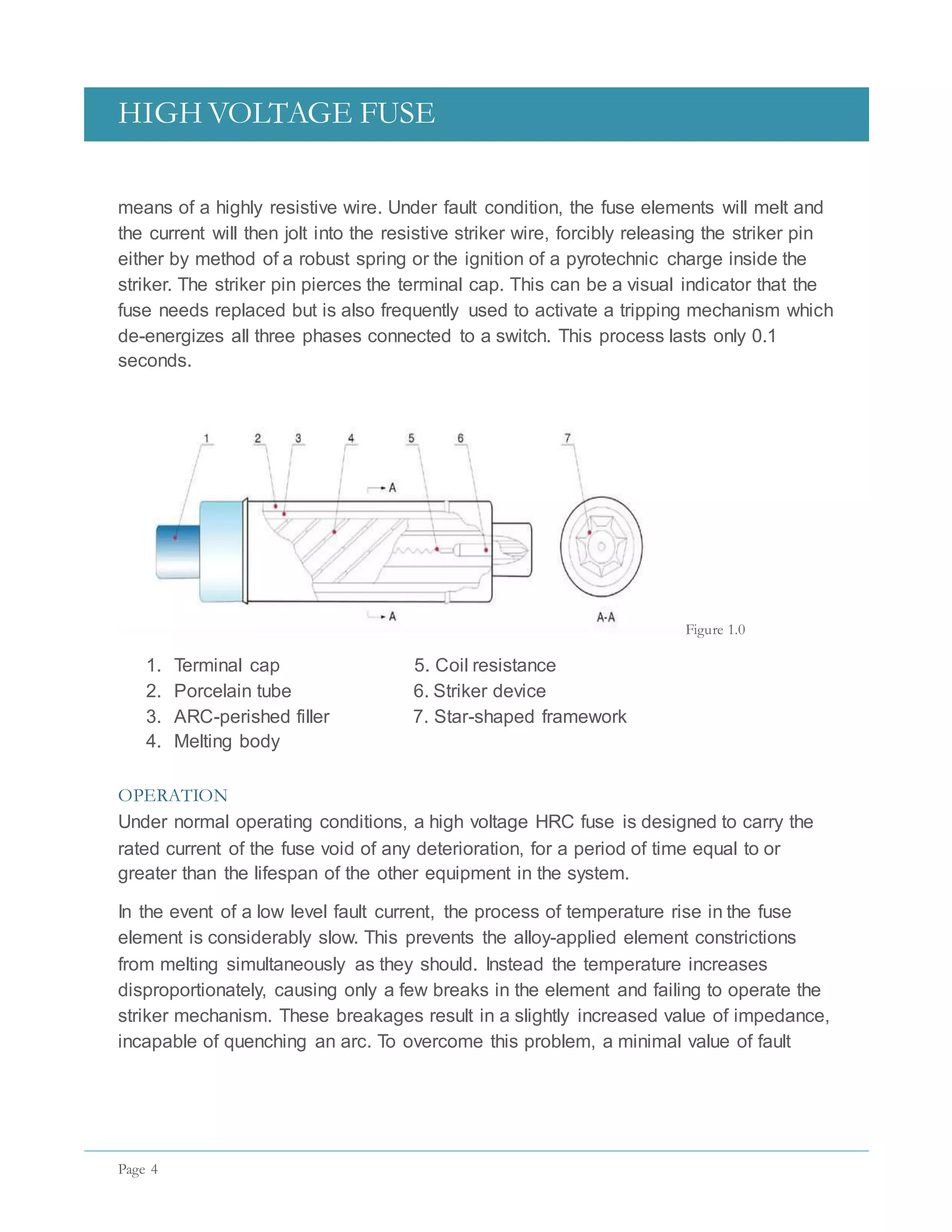 HIGH VOLTAGE FUSE
Page 4
means of a highly resistive wire. Under fault condition, the fuse elements will melt and
the current will then jolt into the resistive striker wire, forcibly releasing the striker pin
either by method of a robust spring or the ignition of a pyrotechnic charge inside the
striker. The striker pin pierces the terminal cap. This can be a visual indicator that the
fuse needs replaced but is also frequently used to activate a tripping mechanism which
de-energizes all three phases connected to a switch. This process lasts only 0.1
seconds.
Figure 1.0
1. Terminal cap 5. Coil resistance
2. Porcelain tube 6. Striker device
3. ARC-perished filler 7. Star-shaped framework
4. Melting body
OPERATION
Under normal operating conditions, a high voltage HRC fuse is designed to carry the
rated current of the fuse void of any deterioration, for a period of time equal to or
greater than the lifespan of the other equipment in the system.
In the event of a low level fault current, the process of temperature rise in the fuse
element is considerably slow. This prevents the alloy-applied element constrictions
from melting simultaneously as they should. Instead the temperature increases
disproportionately, causing only a few breaks in the element and failing to operate the
striker mechanism. These breakages result in a slightly increased value of impedance,
incapable of quenching an arc. To overcome this problem, a minimal value of fault
 