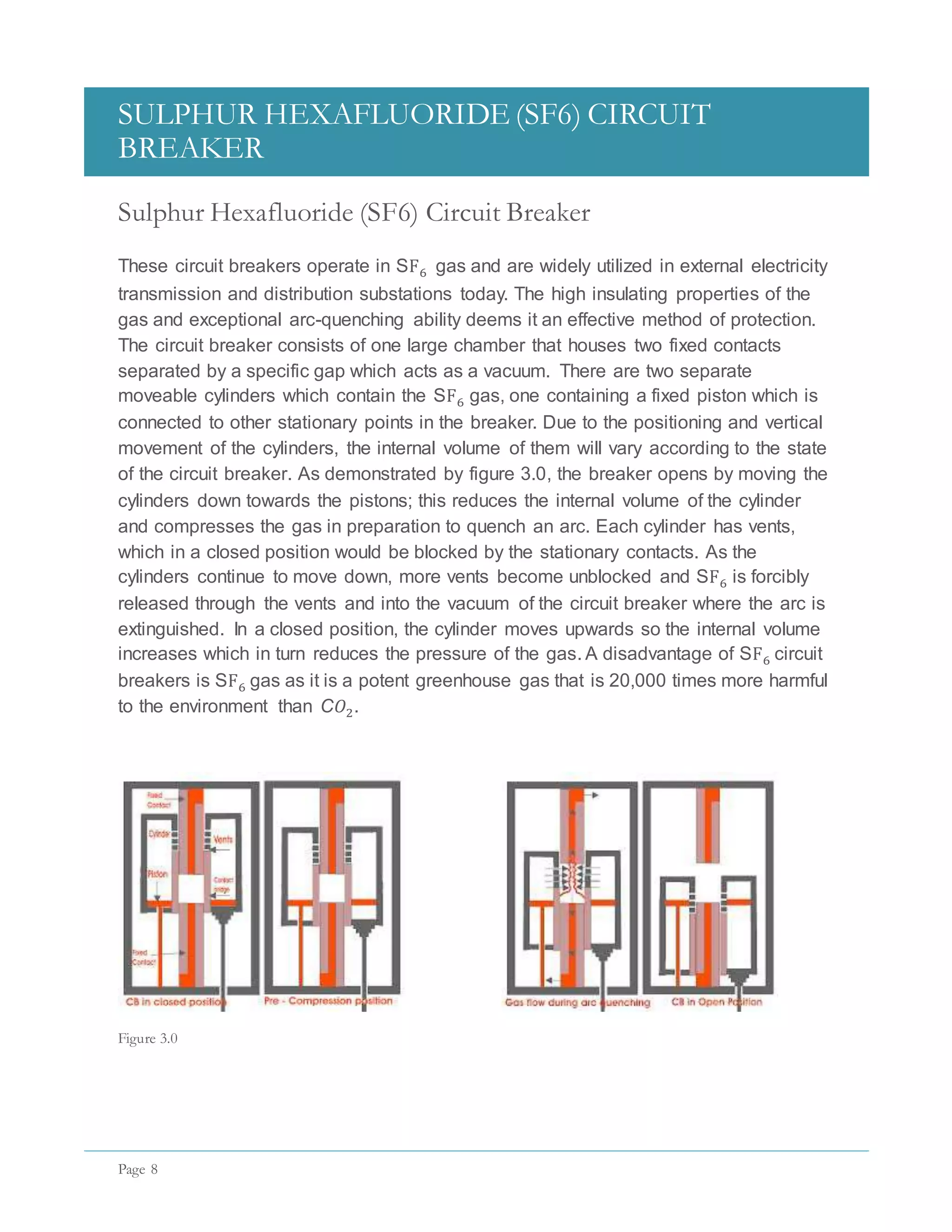 SULPHUR HEXAFLUORIDE (SF6) CIRCUIT
BREAKER
Page 8
Sulphur Hexafluoride (SF6) Circuit Breaker
These circuit breakers operate in SF6 gas and are widely utilized in external electricity
transmission and distribution substations today. The high insulating properties of the
gas and exceptional arc-quenching ability deems it an effective method of protection.
The circuit breaker consists of one large chamber that houses two fixed contacts
separated by a specific gap which acts as a vacuum. There are two separate
moveable cylinders which contain the SF6 gas, one containing a fixed piston which is
connected to other stationary points in the breaker. Due to the positioning and vertical
movement of the cylinders, the internal volume of them will vary according to the state
of the circuit breaker. As demonstrated by figure 3.0, the breaker opens by moving the
cylinders down towards the pistons; this reduces the internal volume of the cylinder
and compresses the gas in preparation to quench an arc. Each cylinder has vents,
which in a closed position would be blocked by the stationary contacts. As the
cylinders continue to move down, more vents become unblocked and SF6 is forcibly
released through the vents and into the vacuum of the circuit breaker where the arc is
extinguished. In a closed position, the cylinder moves upwards so the internal volume
increases which in turn reduces the pressure of the gas. A disadvantage of SF6 circuit
breakers is SF6 gas as it is a potent greenhouse gas that is 20,000 times more harmful
to the environment than C𝑂2.
Figure 3.0
 