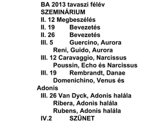 BA 2013 tavaszi félév
SZEMINÁRIUM
II. 12 Megbeszélés
II. 19 Bevezetés
II. 26 Bevezetés
III. 5 Guercino, Aurora
Reni, Guido, Aurora
III. 12 Caravaggio, Narcissus
Poussin, Echo és Narcissus
III. 19 Rembrandt, Danae
Domenichino, Venus és
Adonis
III. 26 Van Dyck, Adonis halála
Ribera, Adonis halála
Rubens, Adonis halála
IV.2 SZÜNET
 
