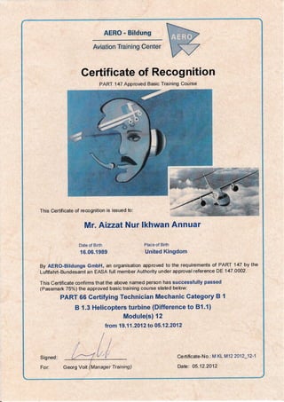 EASA B1.3 CERTIFICATE OF RECOGNITION