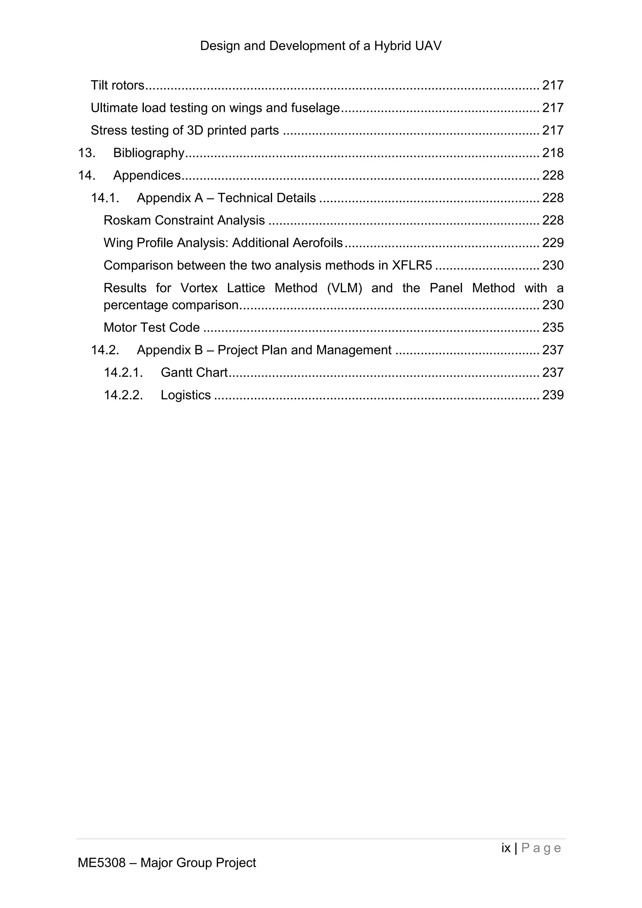 Design and Development of a Hybrid UAV
ix | P a g e
ME5308 – Major Group Project
Tilt rotors............................................................................................................. 217
Ultimate load testing on wings and fuselage....................................................... 217
Stress testing of 3D printed parts ....................................................................... 217
13. Bibliography.................................................................................................. 218
14. Appendices................................................................................................... 228
14.1. Appendix A – Technical Details ............................................................. 228
Roskam Constraint Analysis ........................................................................... 228
Wing Profile Analysis: Additional Aerofoils...................................................... 229
Comparison between the two analysis methods in XFLR5 ............................. 230
Results for Vortex Lattice Method (VLM) and the Panel Method with a
percentage comparison................................................................................... 230
Motor Test Code ............................................................................................. 235
14.2. Appendix B – Project Plan and Management ........................................ 237
14.2.1. Gantt Chart...................................................................................... 237
14.2.2. Logistics .......................................................................................... 239
 