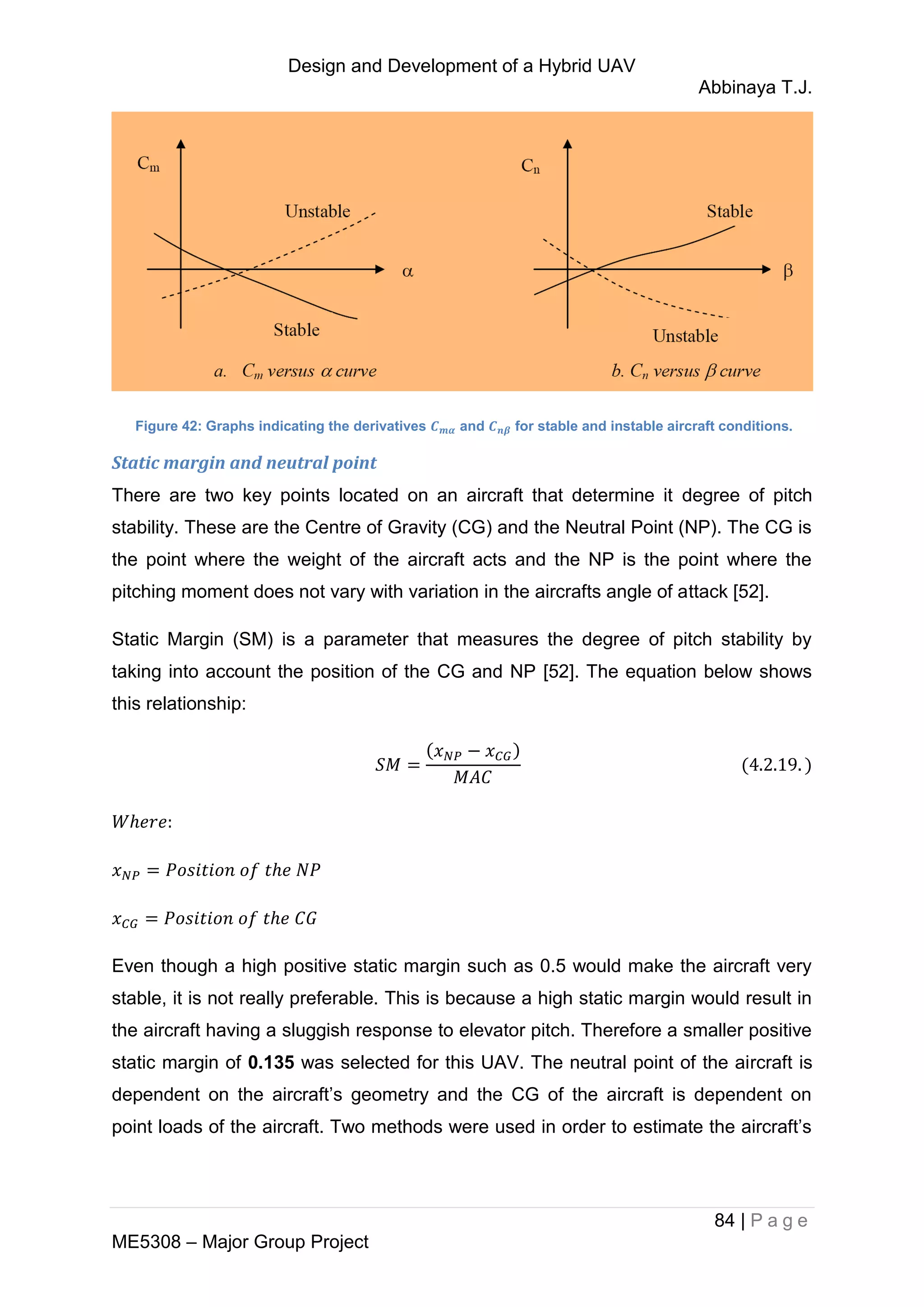 Design and Development of a Hybrid UAV
Abbinaya T.J.
84 | P a g e
ME5308 – Major Group Project
Figure 42: Graphs indicating the derivatives and for stable and instable aircraft conditions.
Static margin and neutral point
There are two key points located on an aircraft that determine it degree of pitch
stability. These are the Centre of Gravity (CG) and the Neutral Point (NP). The CG is
the point where the weight of the aircraft acts and the NP is the point where the
pitching moment does not vary with variation in the aircrafts angle of attack [52].
Static Margin (SM) is a parameter that measures the degree of pitch stability by
taking into account the position of the CG and NP [52]. The equation below shows
this relationship:
Even though a high positive static margin such as 0.5 would make the aircraft very
stable, it is not really preferable. This is because a high static margin would result in
the aircraft having a sluggish response to elevator pitch. Therefore a smaller positive
static margin of 0.135 was selected for this UAV. The neutral point of the aircraft is
dependent on the aircraft’s geometry and the CG of the aircraft is dependent on
point loads of the aircraft. Two methods were used in order to estimate the aircraft’s
 