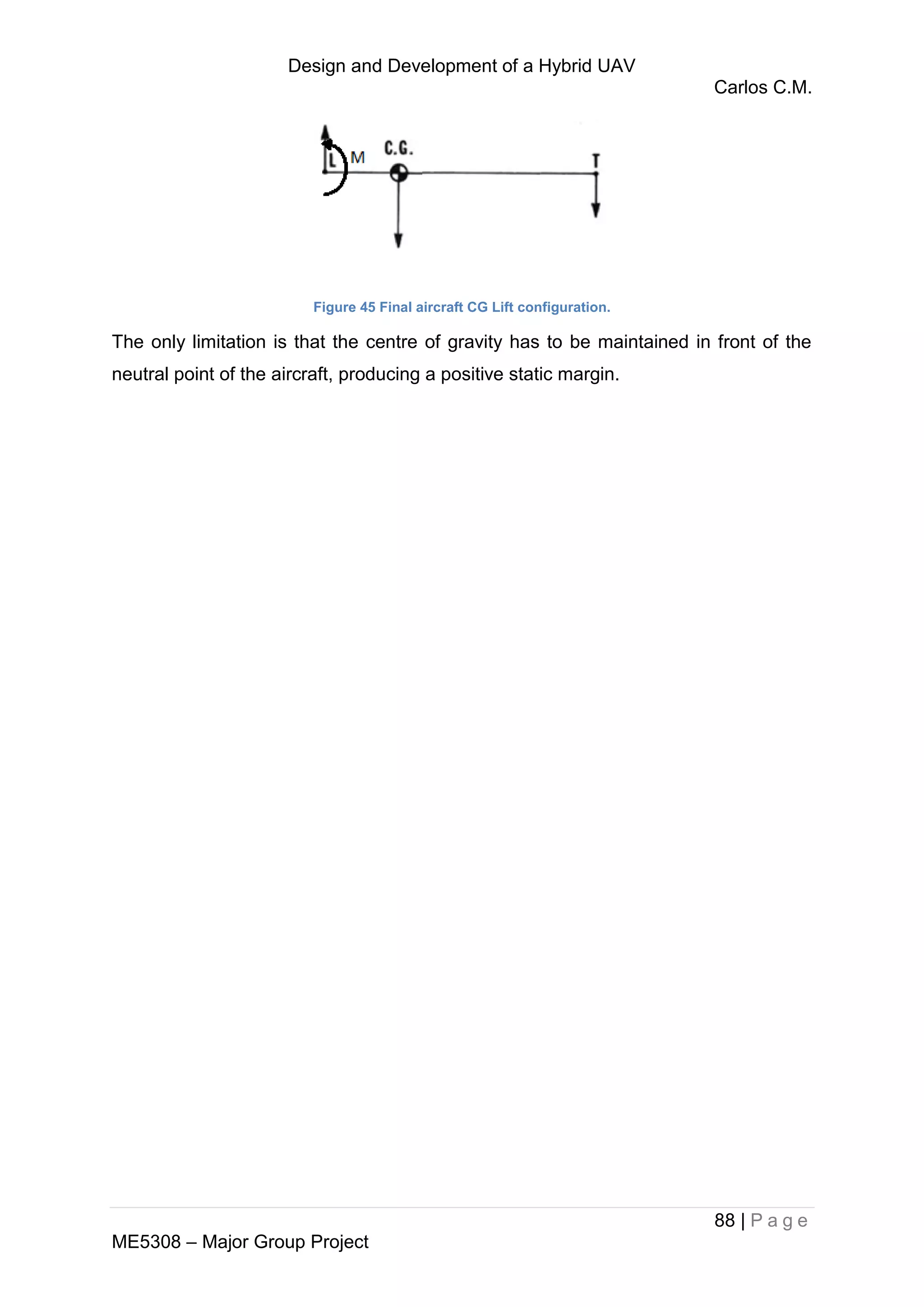 Design and Development of a Hybrid UAV
Carlos C.M.
88 | P a g e
ME5308 – Major Group Project
Figure 45 Final aircraft CG Lift configuration.
The only limitation is that the centre of gravity has to be maintained in front of the
neutral point of the aircraft, producing a positive static margin.
 