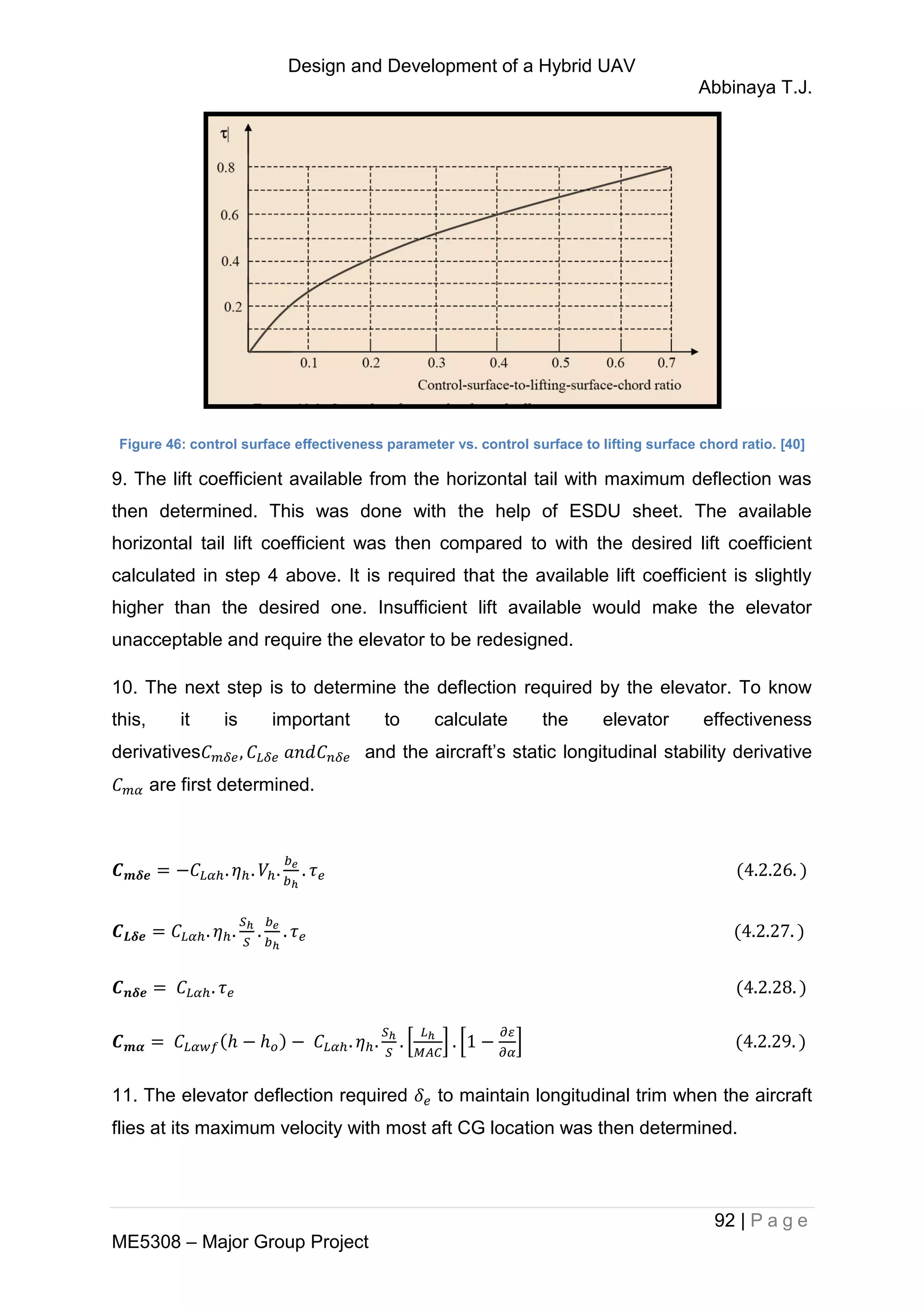 Design and Development of a Hybrid UAV
Abbinaya T.J.
92 | P a g e
ME5308 – Major Group Project
Figure 46: control surface effectiveness parameter vs. control surface to lifting surface chord ratio. [40]
9. The lift coefficient available from the horizontal tail with maximum deflection was
then determined. This was done with the help of ESDU sheet. The available
horizontal tail lift coefficient was then compared to with the desired lift coefficient
calculated in step 4 above. It is required that the available lift coefficient is slightly
higher than the desired one. Insufficient lift available would make the elevator
unacceptable and require the elevator to be redesigned.
10. The next step is to determine the deflection required by the elevator. To know
this, it is important to calculate the elevator effectiveness
derivatives and the aircraft’s static longitudinal stability derivative
are first determined.
[ ] [ ]
11. The elevator deflection required to maintain longitudinal trim when the aircraft
flies at its maximum velocity with most aft CG location was then determined.
 