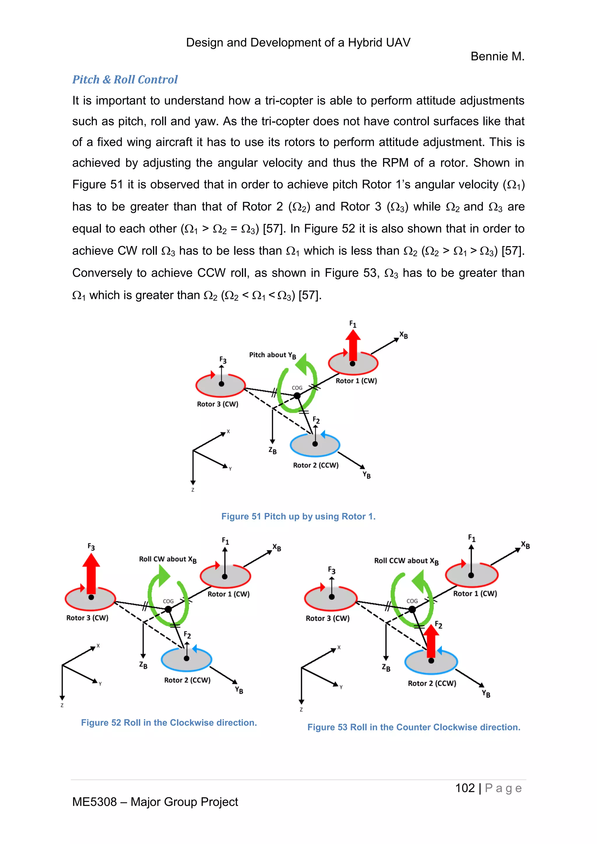 Design and Development of a Hybrid UAV
Bennie M.
102 | P a g e
ME5308 – Major Group Project
Pitch & Roll Control
It is important to understand how a tri-copter is able to perform attitude adjustments
such as pitch, roll and yaw. As the tri-copter does not have control surfaces like that
of a fixed wing aircraft it has to use its rotors to perform attitude adjustment. This is
achieved by adjusting the angular velocity and thus the RPM of a rotor. Shown in
Figure 51 it is observed that in order to achieve pitch Rotor 1’s angular velocity (1)
has to be greater than that of Rotor 2 (2) and Rotor 3 (3) while 2 and 3 are
equal to each other (1 > 2 = 3) [57]. In Figure 52 it is also shown that in order to
achieve CW roll 3 has to be less than 1 which is less than 2 (2 > 1 > 3) [57].
Conversely to achieve CCW roll, as shown in Figure 53, 3 has to be greater than
1 which is greater than 2 (2 < 1 < 3) [57].
Figure 51 Pitch up by using Rotor 1.
Figure 52 Roll in the Clockwise direction.
Figure 53 Roll in the Counter Clockwise direction.
 