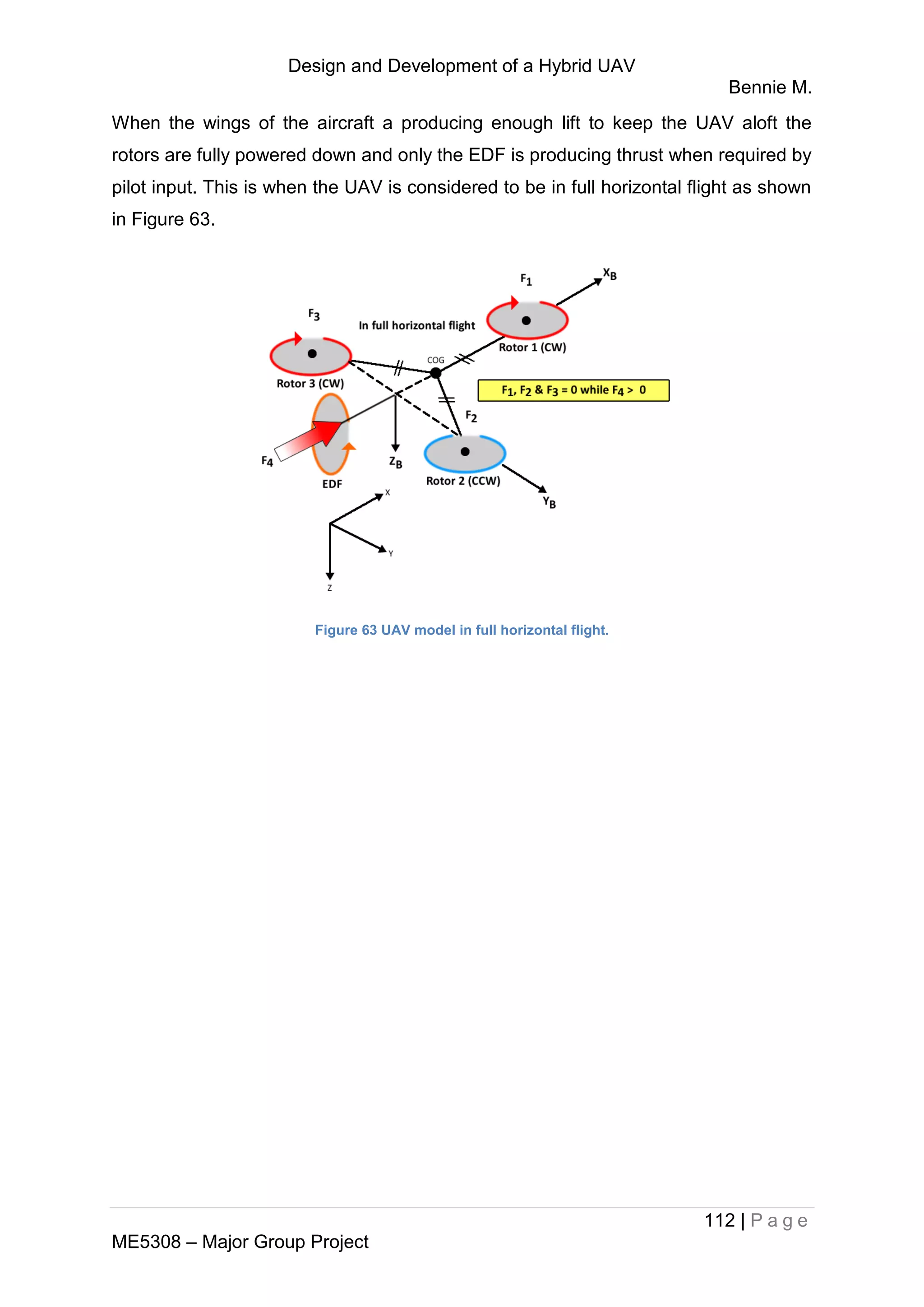 Design and Development of a Hybrid UAV
Bennie M.
112 | P a g e
ME5308 – Major Group Project
When the wings of the aircraft a producing enough lift to keep the UAV aloft the
rotors are fully powered down and only the EDF is producing thrust when required by
pilot input. This is when the UAV is considered to be in full horizontal flight as shown
in Figure 63.
Figure 63 UAV model in full horizontal flight.
 