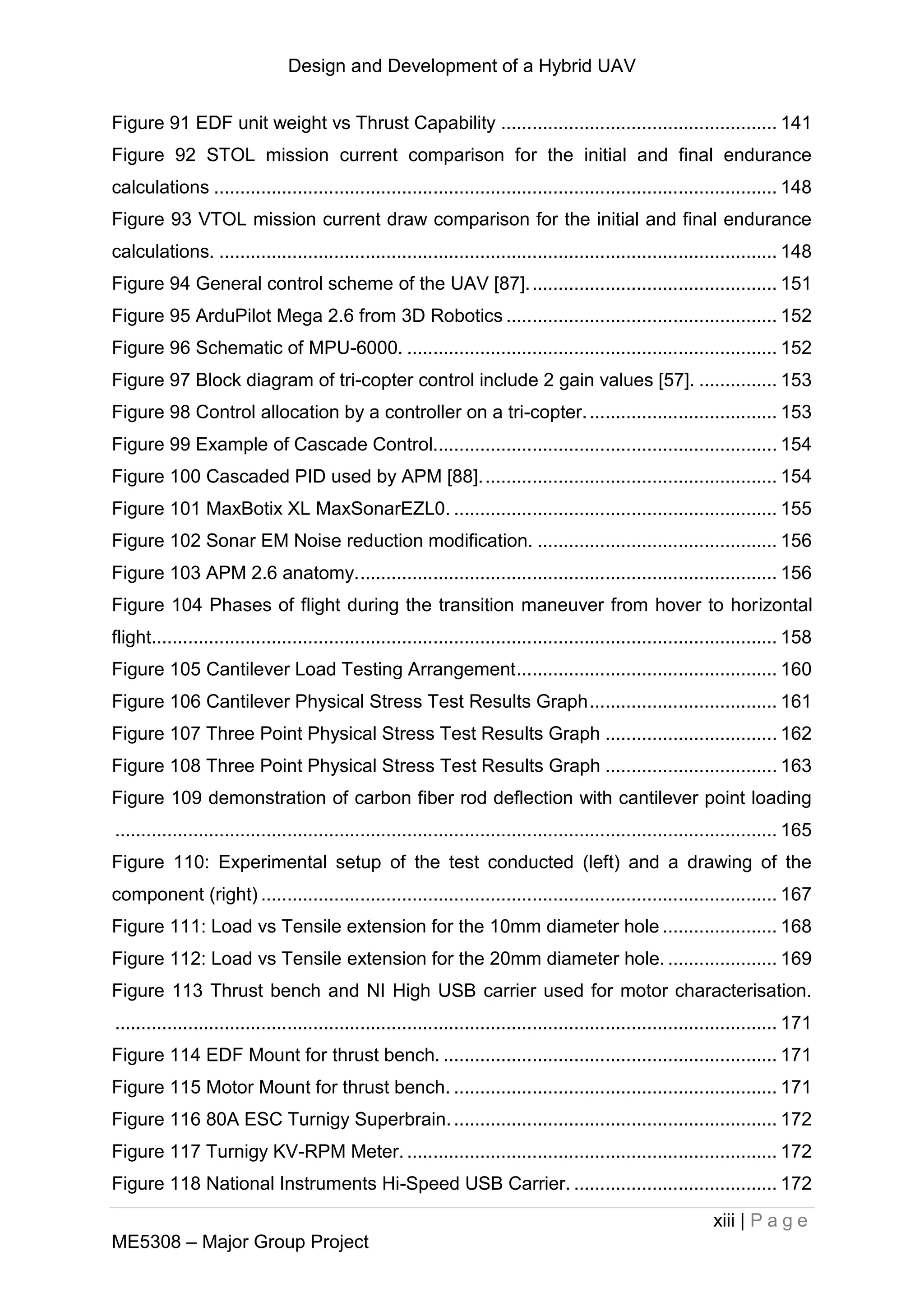 Design and Development of a Hybrid UAV
xiii | P a g e
ME5308 – Major Group Project
Figure 91 EDF unit weight vs Thrust Capability ..................................................... 141
Figure 92 STOL mission current comparison for the initial and final endurance
calculations ............................................................................................................ 148
Figure 93 VTOL mission current draw comparison for the initial and final endurance
calculations. ........................................................................................................... 148
Figure 94 General control scheme of the UAV [87]................................................ 151
Figure 95 ArduPilot Mega 2.6 from 3D Robotics .................................................... 152
Figure 96 Schematic of MPU-6000. ....................................................................... 152
Figure 97 Block diagram of tri-copter control include 2 gain values [57]. ............... 153
Figure 98 Control allocation by a controller on a tri-copter..................................... 153
Figure 99 Example of Cascade Control.................................................................. 154
Figure 100 Cascaded PID used by APM [88]......................................................... 154
Figure 101 MaxBotix XL MaxSonarEZL0. .............................................................. 155
Figure 102 Sonar EM Noise reduction modification. .............................................. 156
Figure 103 APM 2.6 anatomy................................................................................. 156
Figure 104 Phases of flight during the transition maneuver from hover to horizontal
flight........................................................................................................................ 158
Figure 105 Cantilever Load Testing Arrangement.................................................. 160
Figure 106 Cantilever Physical Stress Test Results Graph.................................... 161
Figure 107 Three Point Physical Stress Test Results Graph ................................. 162
Figure 108 Three Point Physical Stress Test Results Graph ................................. 163
Figure 109 demonstration of carbon fiber rod deflection with cantilever point loading
............................................................................................................................... 165
Figure 110: Experimental setup of the test conducted (left) and a drawing of the
component (right) ................................................................................................... 167
Figure 111: Load vs Tensile extension for the 10mm diameter hole ...................... 168
Figure 112: Load vs Tensile extension for the 20mm diameter hole. ..................... 169
Figure 113 Thrust bench and NI High USB carrier used for motor characterisation.
............................................................................................................................... 171
Figure 114 EDF Mount for thrust bench. ................................................................ 171
Figure 115 Motor Mount for thrust bench. .............................................................. 171
Figure 116 80A ESC Turnigy Superbrain............................................................... 172
Figure 117 Turnigy KV-RPM Meter. ....................................................................... 172
Figure 118 National Instruments Hi-Speed USB Carrier. ....................................... 172
 