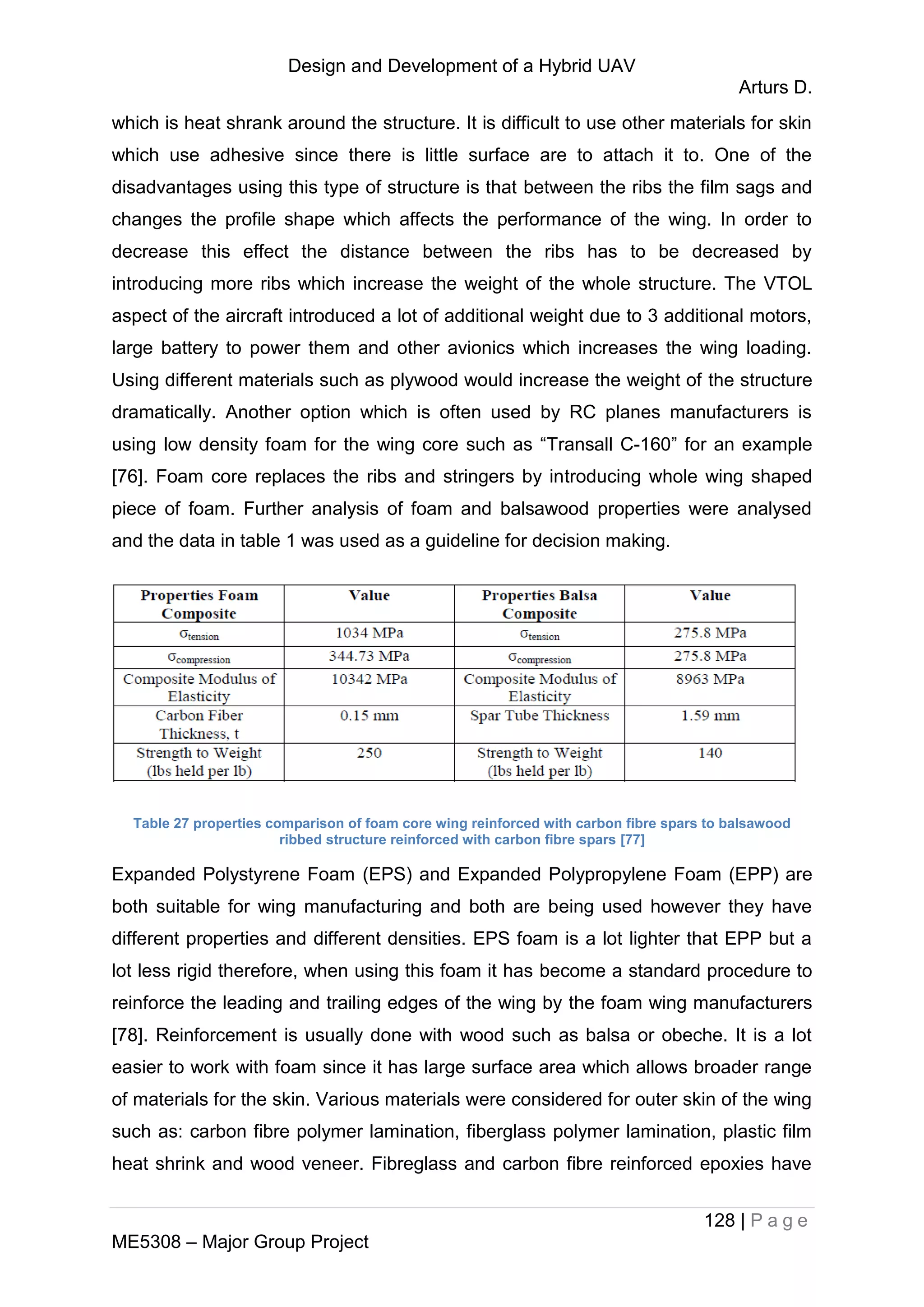 Design and Development of a Hybrid UAV
Arturs D.
128 | P a g e
ME5308 – Major Group Project
which is heat shrank around the structure. It is difficult to use other materials for skin
which use adhesive since there is little surface are to attach it to. One of the
disadvantages using this type of structure is that between the ribs the film sags and
changes the profile shape which affects the performance of the wing. In order to
decrease this effect the distance between the ribs has to be decreased by
introducing more ribs which increase the weight of the whole structure. The VTOL
aspect of the aircraft introduced a lot of additional weight due to 3 additional motors,
large battery to power them and other avionics which increases the wing loading.
Using different materials such as plywood would increase the weight of the structure
dramatically. Another option which is often used by RC planes manufacturers is
using low density foam for the wing core such as “Transall C-160” for an example
[76]. Foam core replaces the ribs and stringers by introducing whole wing shaped
piece of foam. Further analysis of foam and balsawood properties were analysed
and the data in table 1 was used as a guideline for decision making.
Table 27 properties comparison of foam core wing reinforced with carbon fibre spars to balsawood
ribbed structure reinforced with carbon fibre spars [77]
Expanded Polystyrene Foam (EPS) and Expanded Polypropylene Foam (EPP) are
both suitable for wing manufacturing and both are being used however they have
different properties and different densities. EPS foam is a lot lighter that EPP but a
lot less rigid therefore, when using this foam it has become a standard procedure to
reinforce the leading and trailing edges of the wing by the foam wing manufacturers
[78]. Reinforcement is usually done with wood such as balsa or obeche. It is a lot
easier to work with foam since it has large surface area which allows broader range
of materials for the skin. Various materials were considered for outer skin of the wing
such as: carbon fibre polymer lamination, fiberglass polymer lamination, plastic film
heat shrink and wood veneer. Fibreglass and carbon fibre reinforced epoxies have
 