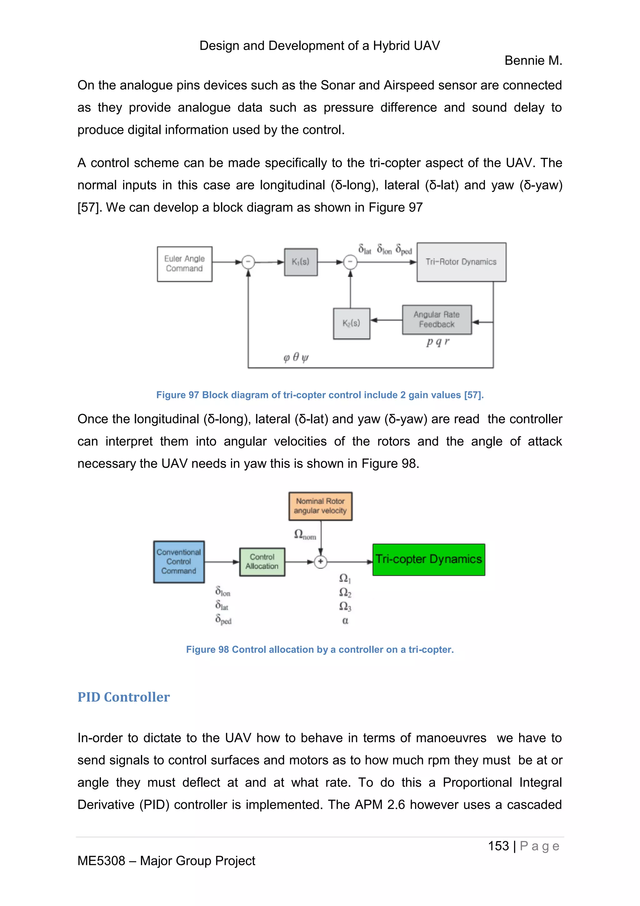 Design and Development of a Hybrid UAV
Bennie M.
153 | P a g e
ME5308 – Major Group Project
On the analogue pins devices such as the Sonar and Airspeed sensor are connected
as they provide analogue data such as pressure difference and sound delay to
produce digital information used by the control.
A control scheme can be made specifically to the tri-copter aspect of the UAV. The
normal inputs in this case are longitudinal (δ-long), lateral (δ-lat) and yaw (δ-yaw)
[57]. We can develop a block diagram as shown in Figure 97
Figure 97 Block diagram of tri-copter control include 2 gain values [57].
Once the longitudinal (δ-long), lateral (δ-lat) and yaw (δ-yaw) are read the controller
can interpret them into angular velocities of the rotors and the angle of attack
necessary the UAV needs in yaw this is shown in Figure 98.
Figure 98 Control allocation by a controller on a tri-copter.
PID Controller
In-order to dictate to the UAV how to behave in terms of manoeuvres we have to
send signals to control surfaces and motors as to how much rpm they must be at or
angle they must deflect at and at what rate. To do this a Proportional Integral
Derivative (PID) controller is implemented. The APM 2.6 however uses a cascaded
 