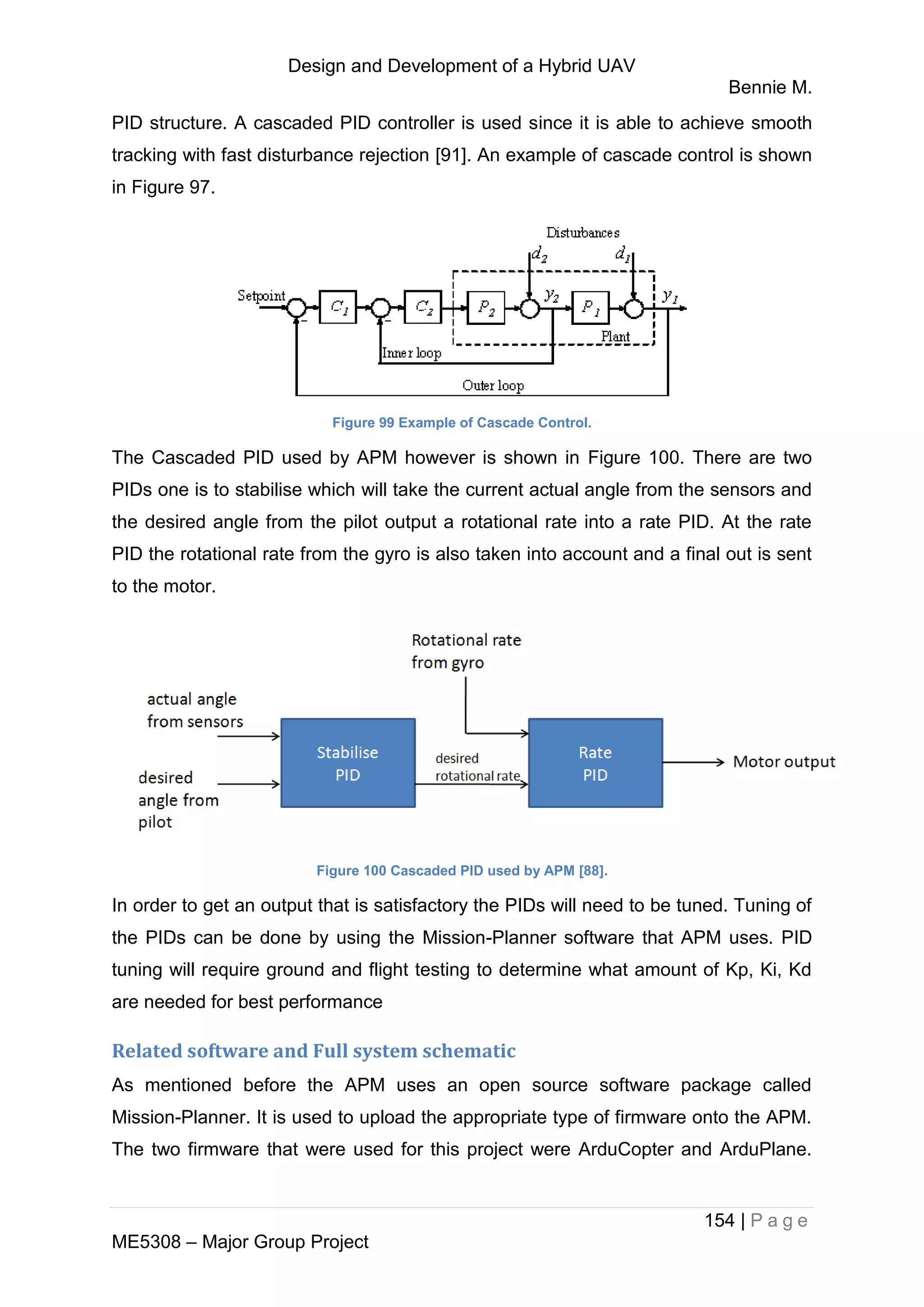 Design and Development of a Hybrid UAV
Bennie M.
154 | P a g e
ME5308 – Major Group Project
PID structure. A cascaded PID controller is used since it is able to achieve smooth
tracking with fast disturbance rejection [91]. An example of cascade control is shown
in Figure 97.
Figure 99 Example of Cascade Control.
The Cascaded PID used by APM however is shown in Figure 100. There are two
PIDs one is to stabilise which will take the current actual angle from the sensors and
the desired angle from the pilot output a rotational rate into a rate PID. At the rate
PID the rotational rate from the gyro is also taken into account and a final out is sent
to the motor.
Figure 100 Cascaded PID used by APM [88].
In order to get an output that is satisfactory the PIDs will need to be tuned. Tuning of
the PIDs can be done by using the Mission-Planner software that APM uses. PID
tuning will require ground and flight testing to determine what amount of Kp, Ki, Kd
are needed for best performance
Related software and Full system schematic
As mentioned before the APM uses an open source software package called
Mission-Planner. It is used to upload the appropriate type of firmware onto the APM.
The two firmware that were used for this project were ArduCopter and ArduPlane.
 