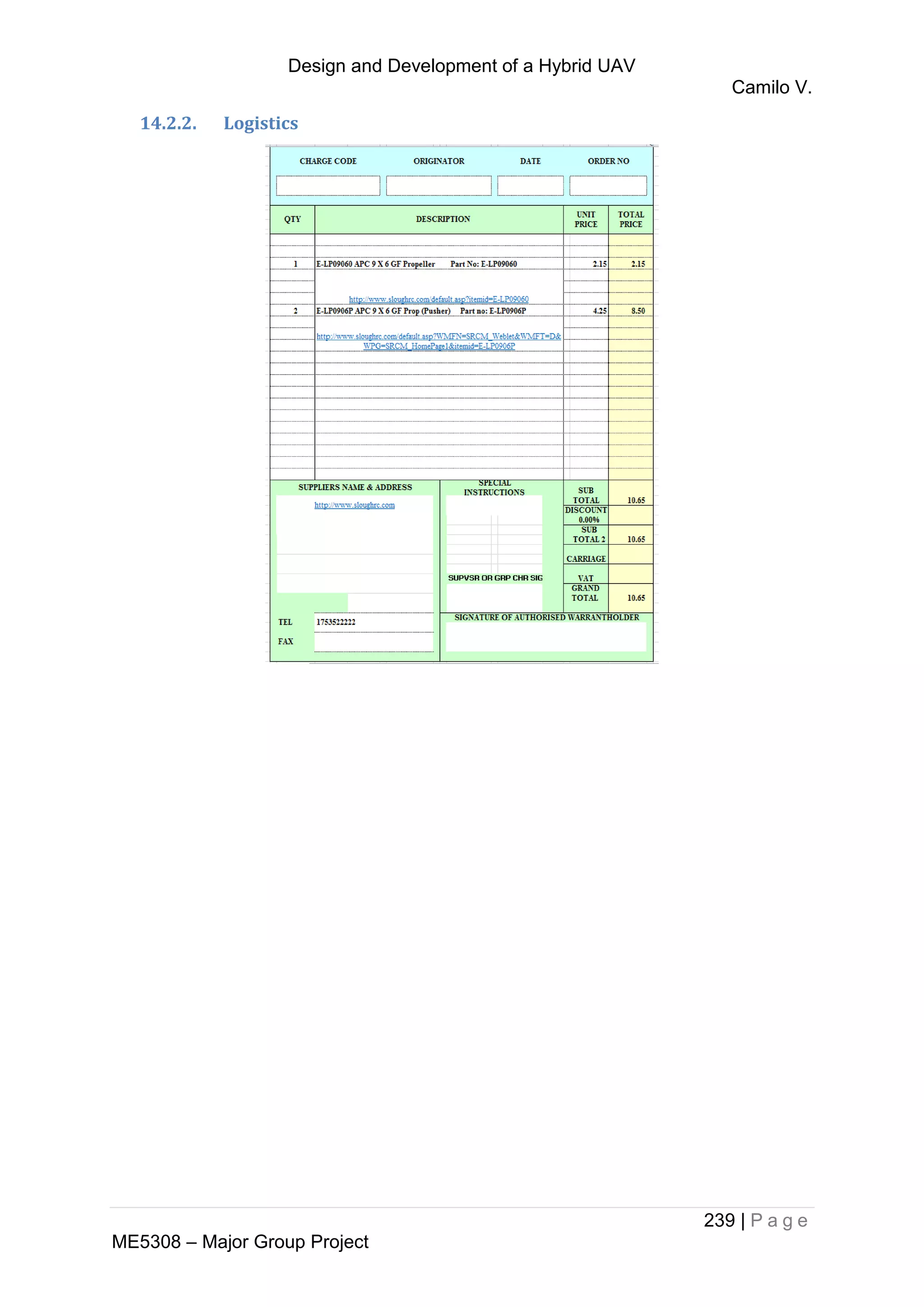 Design and Development of a Hybrid UAV
Camilo V.
239 | P a g e
ME5308 – Major Group Project
14.2.2. Logistics
 