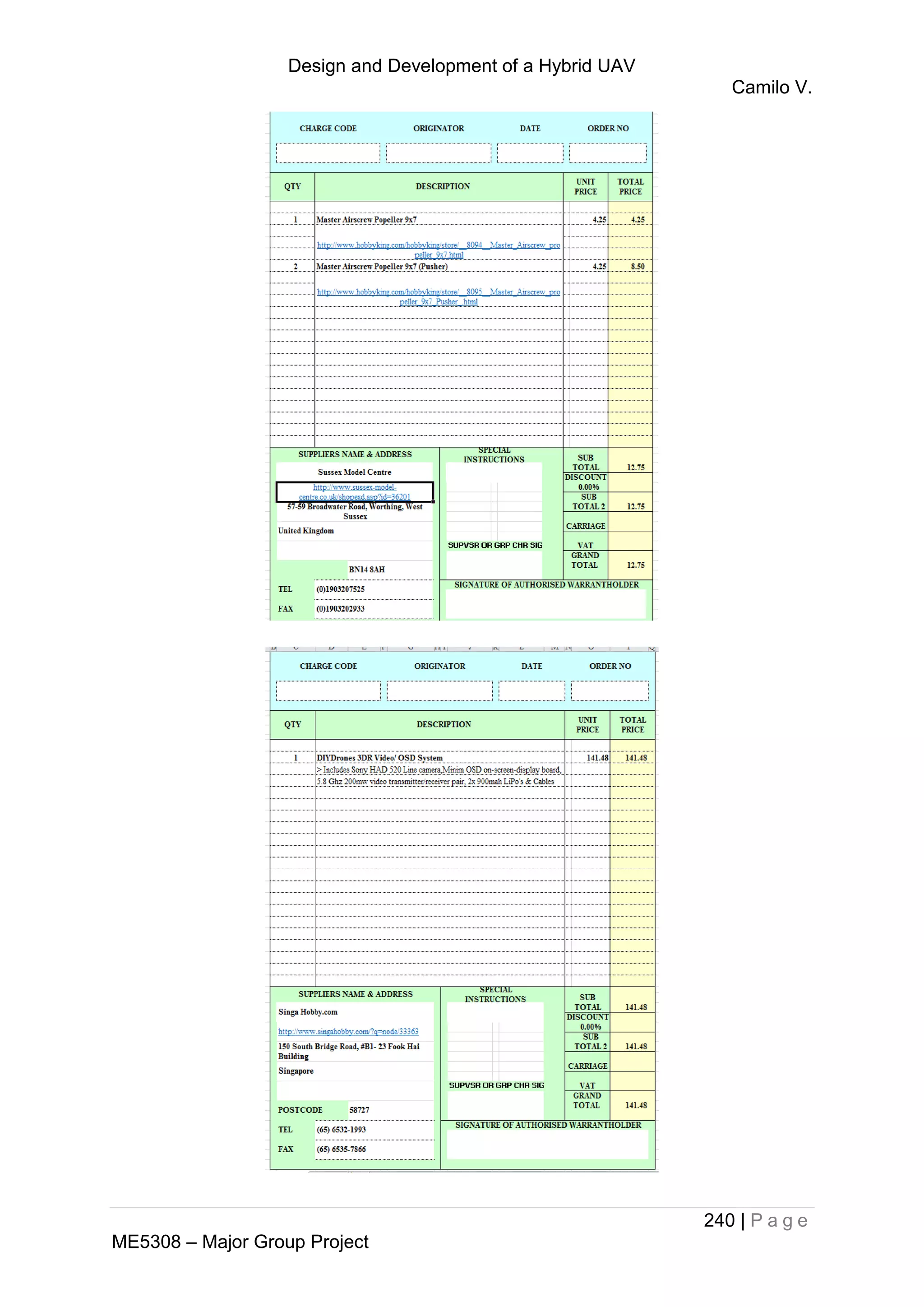 Design and Development of a Hybrid UAV
Camilo V.
240 | P a g e
ME5308 – Major Group Project
 