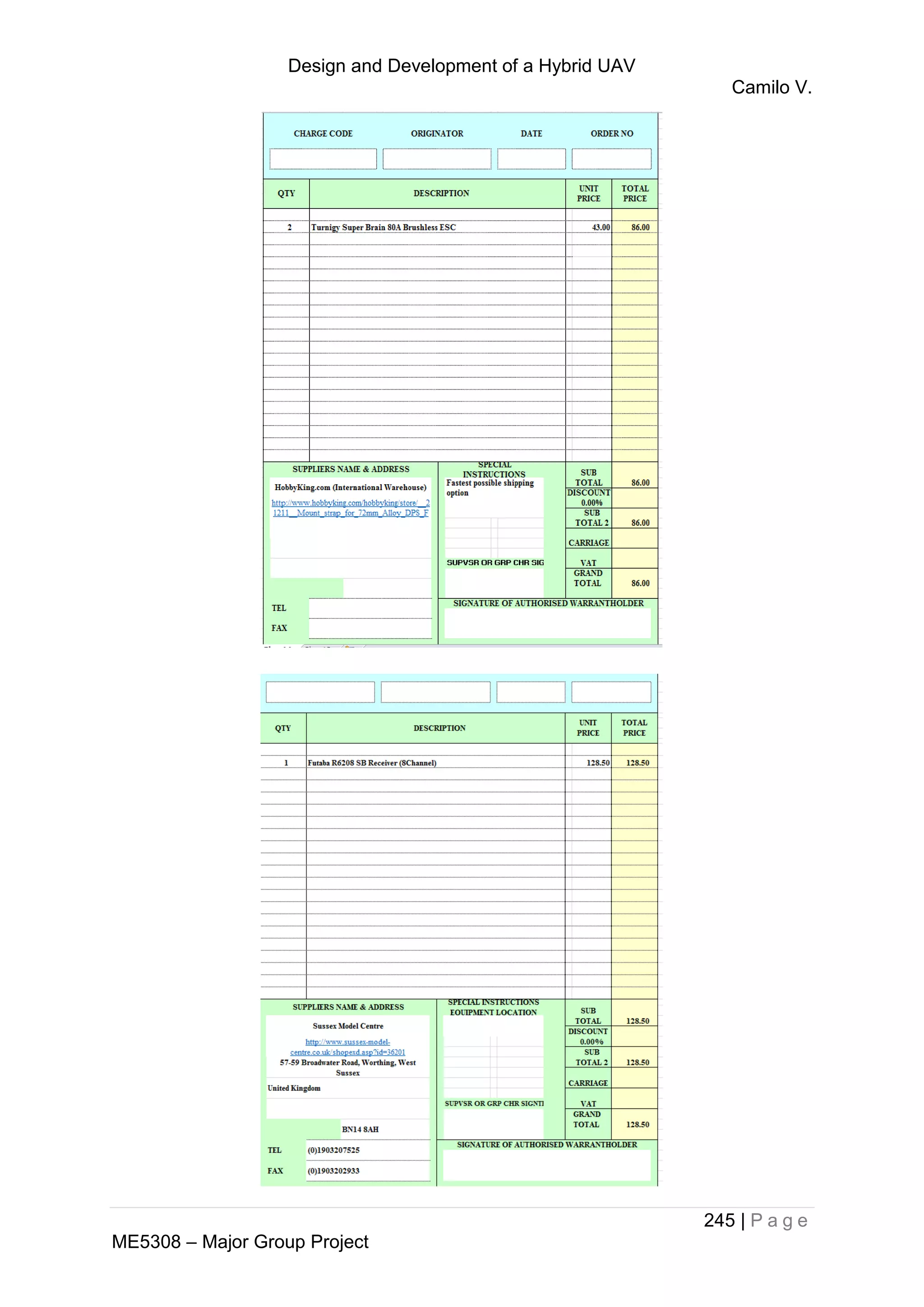 Design and Development of a Hybrid UAV
Camilo V.
245 | P a g e
ME5308 – Major Group Project
 