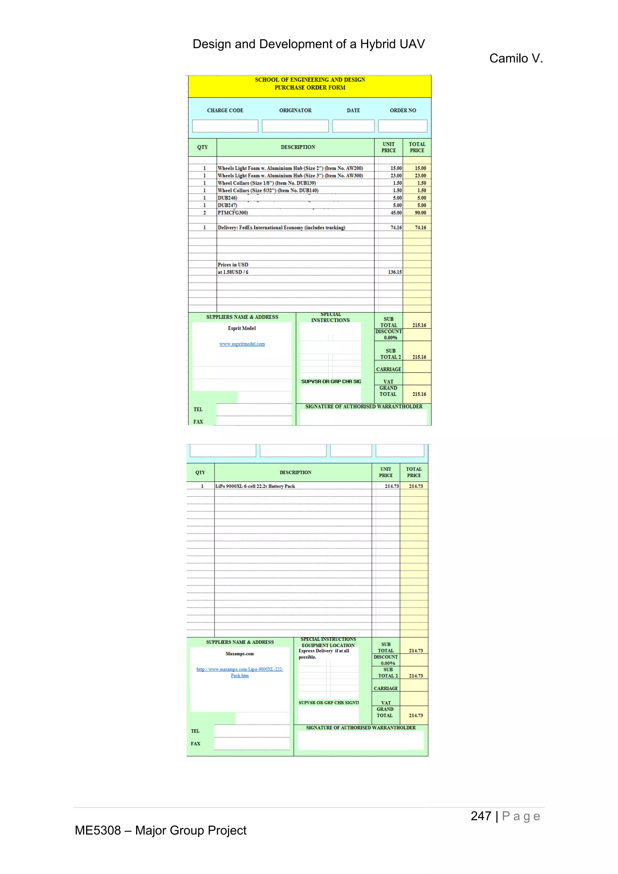 Design and Development of a Hybrid UAV
Camilo V.
247 | P a g e
ME5308 – Major Group Project
 
