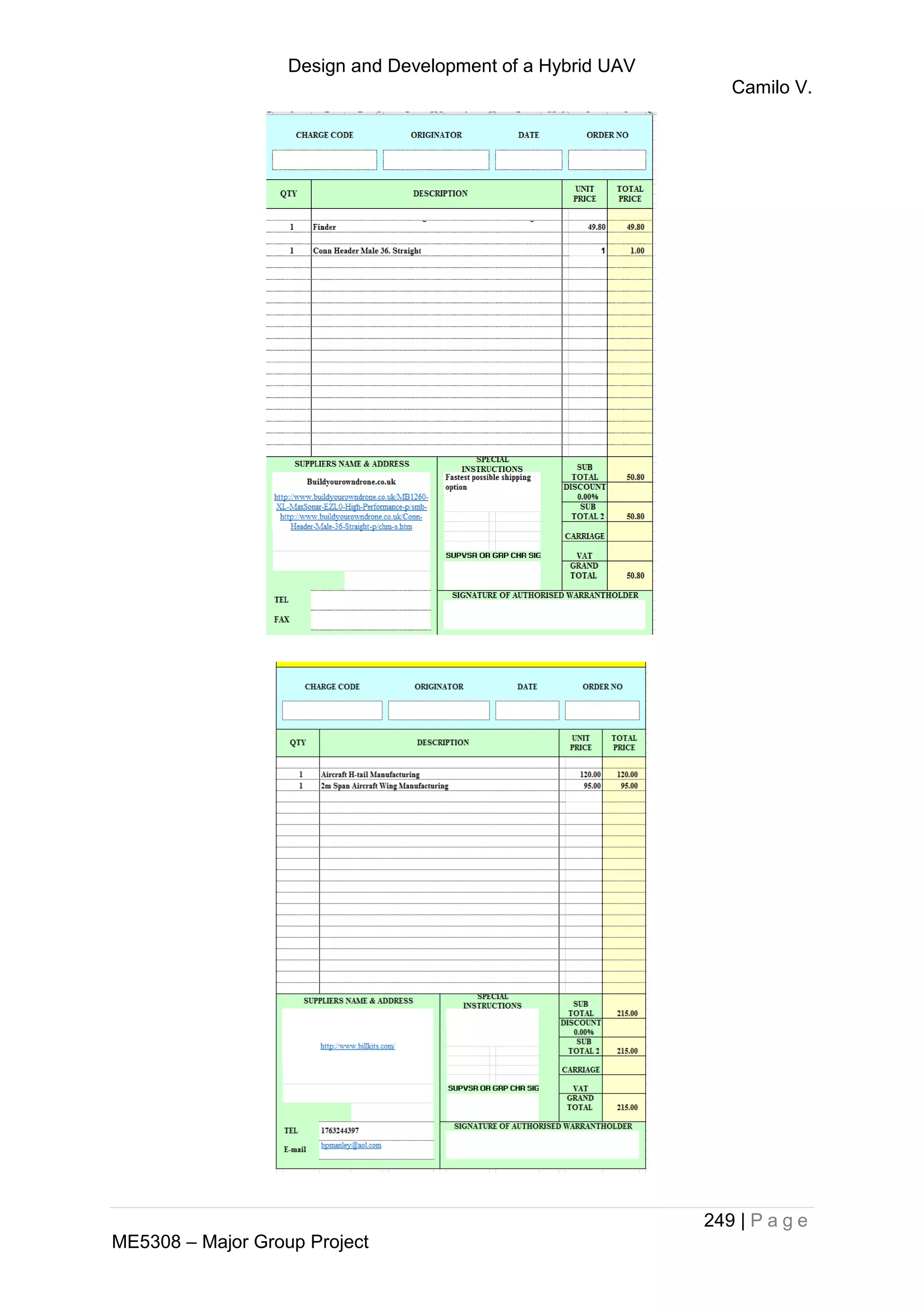 Design and Development of a Hybrid UAV
Camilo V.
249 | P a g e
ME5308 – Major Group Project
 