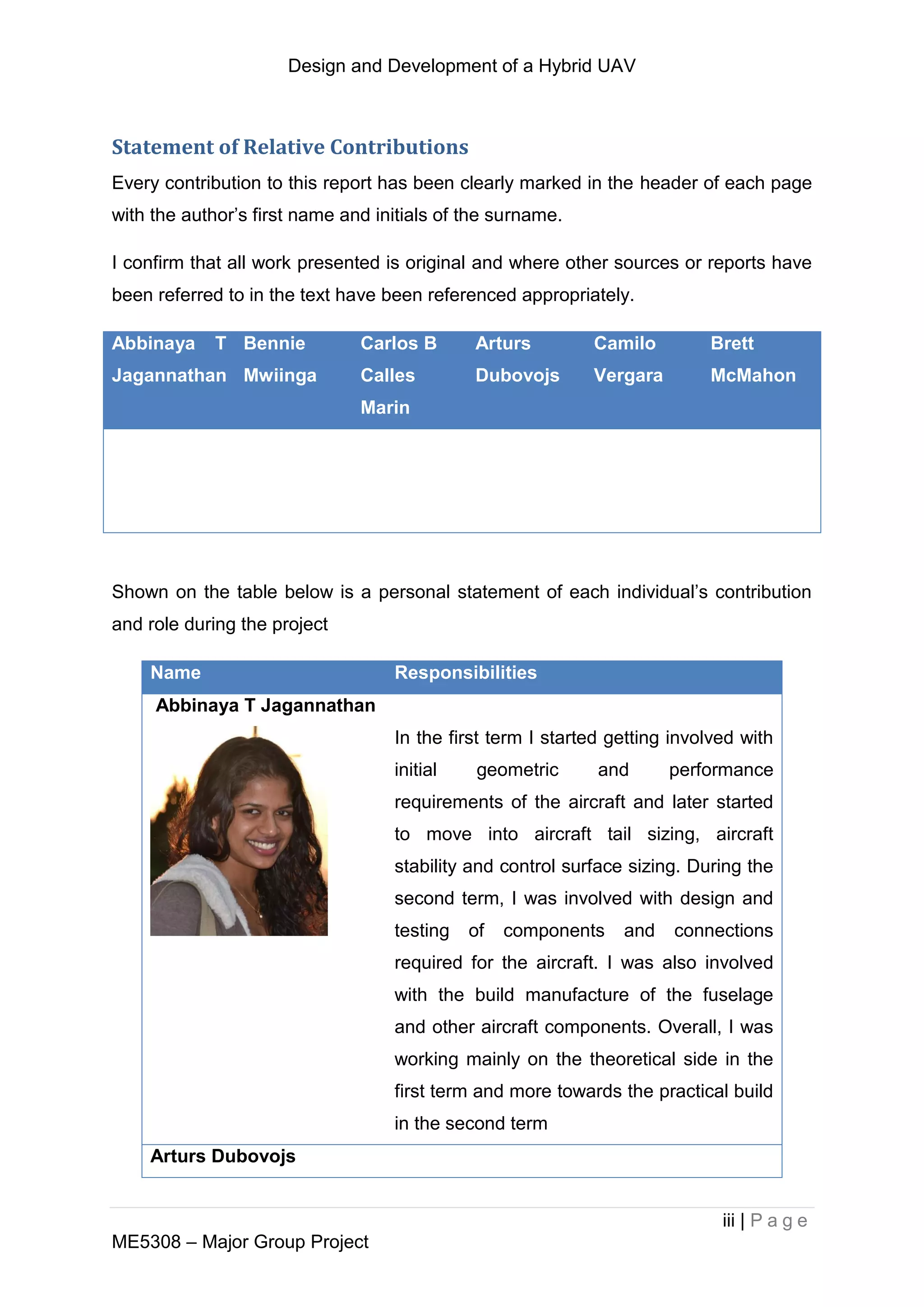 Design and Development of a Hybrid UAV
iii | P a g e
ME5308 – Major Group Project
Statement of Relative Contributions
Every contribution to this report has been clearly marked in the header of each page
with the author’s first name and initials of the surname.
I confirm that all work presented is original and where other sources or reports have
been referred to in the text have been referenced appropriately.
Abbinaya T
Jagannathan
Bennie
Mwiinga
Carlos B
Calles
Marin
Arturs
Dubovojs
Camilo
Vergara
Brett
McMahon
Shown on the table below is a personal statement of each individual’s contribution
and role during the project
Name Responsibilities
Abbinaya T Jagannathan
In the first term I started getting involved with
initial geometric and performance
requirements of the aircraft and later started
to move into aircraft tail sizing, aircraft
stability and control surface sizing. During the
second term, I was involved with design and
testing of components and connections
required for the aircraft. I was also involved
with the build manufacture of the fuselage
and other aircraft components. Overall, I was
working mainly on the theoretical side in the
first term and more towards the practical build
in the second term
Arturs Dubovojs
 