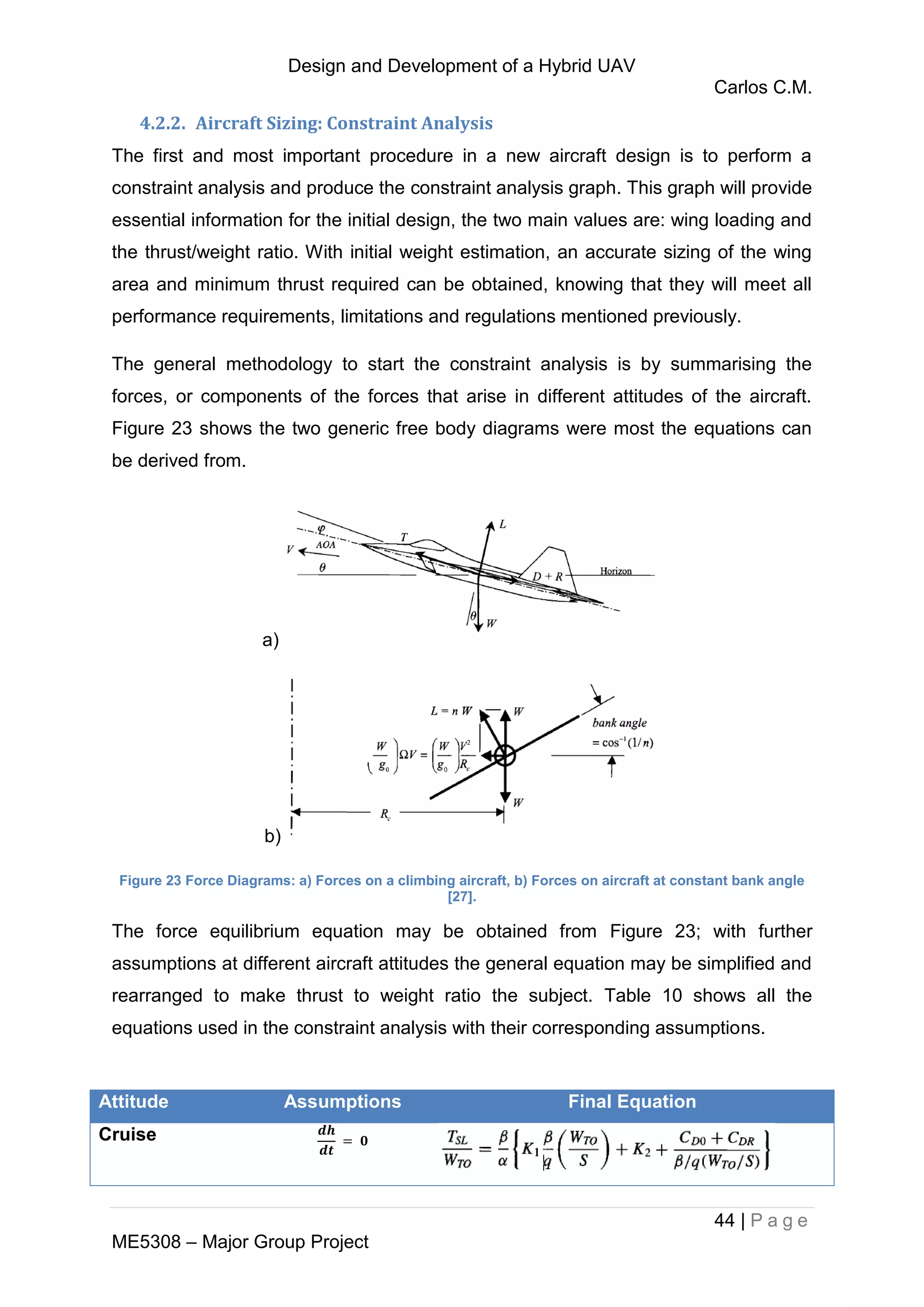 Design and Development of a Hybrid UAV
Carlos C.M.
44 | P a g e
ME5308 – Major Group Project
4.2.2. Aircraft Sizing: Constraint Analysis
The first and most important procedure in a new aircraft design is to perform a
constraint analysis and produce the constraint analysis graph. This graph will provide
essential information for the initial design, the two main values are: wing loading and
the thrust/weight ratio. With initial weight estimation, an accurate sizing of the wing
area and minimum thrust required can be obtained, knowing that they will meet all
performance requirements, limitations and regulations mentioned previously.
The general methodology to start the constraint analysis is by summarising the
forces, or components of the forces that arise in different attitudes of the aircraft.
Figure 23 shows the two generic free body diagrams were most the equations can
be derived from.
a)
b)
Figure 23 Force Diagrams: a) Forces on a climbing aircraft, b) Forces on aircraft at constant bank angle
[27].
The force equilibrium equation may be obtained from Figure 23; with further
assumptions at different aircraft attitudes the general equation may be simplified and
rearranged to make thrust to weight ratio the subject. Table 10 shows all the
equations used in the constraint analysis with their corresponding assumptions.
Attitude Assumptions Final Equation
Cruise
 