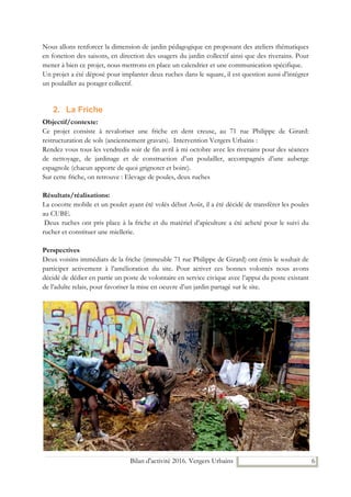Bilan d'activité 2016. Vergers Urbains 6
Nous allons renforcer la dimension de jardin pédagogique en proposant des ateliers thématiques
en fonction des saisons, en direction des usagers du jardin collectif ainsi que des riverains. Pour
mener à bien ce projet, nous mettrons en place un calendrier et une communication spécifique.
Un projet a été déposé pour implanter deux ruches dans le square, il est question aussi d’intégrer
un poulailler au potager collectif.
2. La Friche
Objectif/contexte:
Ce projet consiste à revaloriser une friche en dent creuse, au 71 rue Philippe de Girard:
restructuration de sols (anciennement gravats). Intervention Vergers Urbains :
Rendez vous tous les vendredis soir de fin avril à mi octobre avec les riverains pour des séances
de nettoyage, de jardinage et de construction d’un poulailler, accompagnés d’une auberge
espagnole (chacun apporte de quoi grignoter et boire).
Sur cette friche, on retrouve : Elevage de poules, deux ruches
Résultats/réalisations:
La cocotte mobile et un poulet ayant été volés début Août, il a été décidé de transférer les poules
au CUBE.
Deux ruches ont pris place à la friche et du matériel d’apiculture a été acheté pour le suivi du
rucher et constituer une miellerie.
Perspectives
Deux voisins immédiats de la friche (immeuble 71 rue Philippe de Girard) ont émis le souhait de
participer activement à l’amélioration du site. Pour activer ces bonnes volontés nous avons
décidé de dédier en partie un poste de volontaire en service civique avec l’appui du poste existant
de l’adulte relais, pour favoriser la mise en oeuvre d’un jardin partagé sur le site.
 