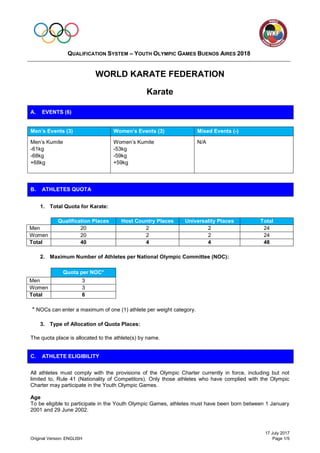 QUALIFICATION SYSTEM – YOUTH OLYMPIC GAMES BUENOS AIRES 2018
17 July 2017
Original Version: ENGLISH Page 1/5
WORLD KARATE FEDERATION
Karate
Men’s Events (3) Women’s Events (3) Mixed Events (-)
Men’s Kumite
-61kg
-68kg
+68kg
Women’s Kumite
-53kg
-59kg
+59kg
N/A
1. Total Quota for Karate:
Qualification Places Host Country Places Universality Places Total
Men 20 2 2 24
Women 20 2 2 24
Total 40 4 4 48
2. Maximum Number of Athletes per National Olympic Committee (NOC):
Quota per NOC*
Men 3
Women 3
Total 6
* NOCs can enter a maximum of one (1) athlete per weight category.
3. Type of Allocation of Quota Places:
The quota place is allocated to the athlete(s) by name.
All athletes must comply with the provisions of the Olympic Charter currently in force, including but not
limited to, Rule 41 (Nationality of Competitors). Only those athletes who have complied with the Olympic
Charter may participate in the Youth Olympic Games.
Age
To be eligible to participate in the Youth Olympic Games, athletes must have been born between 1 January
2001 and 29 June 2002.
A. EVENTS (6)
B. ATHLETES QUOTA
C. ATHLETE ELIGIBILITY
 