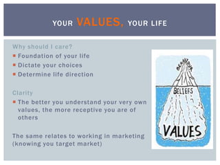 Why should I care?
 Foundation of your life
 Dictate your choices
 Determine life direction
Clarity
 The better you understand your very own
values, the more receptive you are of
others
The same relates to working in marketing
(knowing you target market)
YOUR VALUES, YOUR LIFE
 
