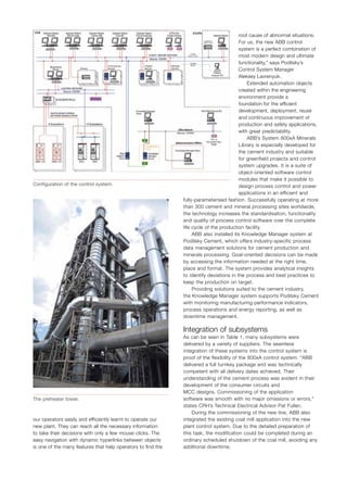 our operators easily and efficiently learnt to operate our
new plant. They can reach all the necessary information
to take their decisions with only a few mouse clicks. The
easy navigation with dynamic hyperlinks between objects
is one of the many features that help operators to find the
root cause of abnormal situations.
For us, the new ABB control
system is a perfect combination of
most modern design and ultimate
functionality,” says Podilsky’s
Control System Manager
Aleksey Lavrenyuk.
Extended automation objects
created within the engineering
environment provide a
foundation for the efficient
development, deployment, reuse
and continuous improvement of
production and safety applications,
with great predictability.
ABB’s System 800xA Minerals
Library is especially developed for
the cement industry and suitable
for greenfield projects and control
system upgrades. It is a suite of
object-oriented software control
modules that make it possible to
design process control and power
applications in an efficient and
fully-parameterised fashion. Successfully operating at more
than 300 cement and mineral processing sites worldwide,
the technology increases the standardisation, functionality
and quality of process control software over the complete
life cycle of the production facility.
ABB also installed its Knowledge Manager system at
Podilsky Cement, which offers industry-specific process
data management solutions for cement production and
minerals processing. Goal-oriented decisions can be made
by accessing the information needed at the right time,
place and format. The system provides analytical insights
to identify deviations in the process and best practices to
keep the production on target.
Providing solutions suited to the cement industry,
the Knowledge Manager system supports Podilsky Cement
with monitoring manufacturing performance indicators,
process operations and energy reporting, as well as
downtime management.
Integration of subsystems
As can be seen in Table 1, many subsystems were
delivered by a variety of suppliers. The seamless
integration of these systems into the control system is
proof of the flexibility of the 800xA control system. “ABB
delivered a full turnkey package and was technically
competent with all delivery dates achieved. Their
understanding of the cement process was evident in their
development of the consumer circuits and
MCC designs. Commissioning of the application
software was smooth with no major omissions or errors,”
states CRH’s Technical Electrical Advisor Pat Fullen.
During the commissioning of the new line, ABB also
integrated the existing coal mill application into the new
plant control system. Due to the detailed preparation of
this task, the modification could be completed during an
ordinary scheduled shutdown of the coal mill, avoiding any
additional downtime.
Configuration of the control system.
The preheater tower.
 
