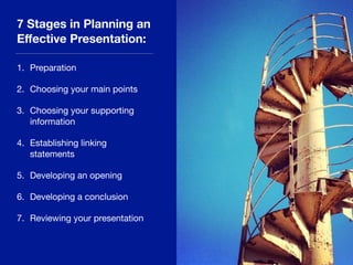 7 Stages in Planning an
Eﬀective Presentation:
1. Preparation

2. Choosing your main points

3. Choosing your supporting
information

4. Establishing linking
statements

5. Developing an opening

6. Developing a conclusion

7. Reviewing your presentation
 