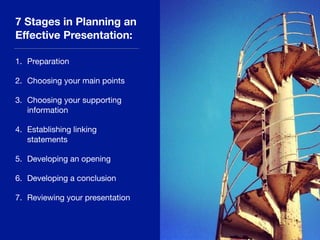 7 Stages in Planning an
Eﬀective Presentation:
1. Preparation

2. Choosing your main points

3. Choosing your supporting
i...