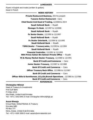 Fluent in English and Arabic (written & spoken)
Good in French
Private Restaurant Business, 2014 to present
Tuscano Italian Restaurant – Cairo
Chief Dealer And Head of Trading, 12/2000 to 2014
Saudi Hollandi Bank － Riyadh
Manager Fx Desk, 12/1997 to 12/2000
Saudi Hollandi Bank － Riyadh
Fx Senior Dealer, 12/1995 to 12/1997
Saudi Hollandi Bank － Riyadh
Fx Dealer Interbank, 12/1994 to 12/1995
Saudi Hollandi Bank － Riyadh
TSMU Dealer - Treasury sales, 12/1993 to 12/1994
Saudi Hollandi Bank － Riyadh
Financial Controller, 12/1991 to 12/1993
HRH Prince Sultan Bin Salman Private Office － Riyadh
FX & Money Market Dealer-Treasury, 12/1988 to 12/1991
Bank Of Credit and Commerce － Cairo
Junior Dealer-Treasury, 12/1987 to 12/1988
Bank Of Credit and Commerce － Cairo
Officer Treasury Back Office, 12/1986 to 12/1987
Bank Of Credit and Commerce － Cairo
Officer-Bills & Remittances ,LCs,LGs,Branch Operations , 12/1985 to 12/1986
Bank Of Credit and Commerce － Cairo
Christopher Wilmot
Head of Treasury & Investments
First Gulf Bank
P O Box 6316
Abu Dhabi, United Arab Emirates
Tel: +971 2 692 0491 E-mail: Christopher.Wilmot@fgb.ae
Aazar Khwaja
Group Head, Global Markets & Treasury
Emirates NBD
PO Box 777
Deira, Dubai, United Arab Emirates
Tel: +971 4 609 3000 E-mail: aazark@emiratesnbd.com
LANGUAGES
WORK HISTORY
REFERENCES
 